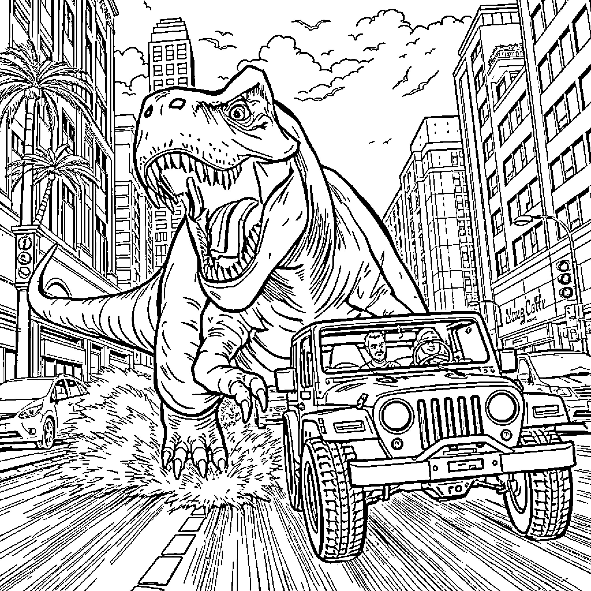 T-Rex Rampaging Through the City Streets Coloring Page (free black-and-white line drawing printable PDF for all, from beginners to advanced learners, including children, teens, adults, and seniors)