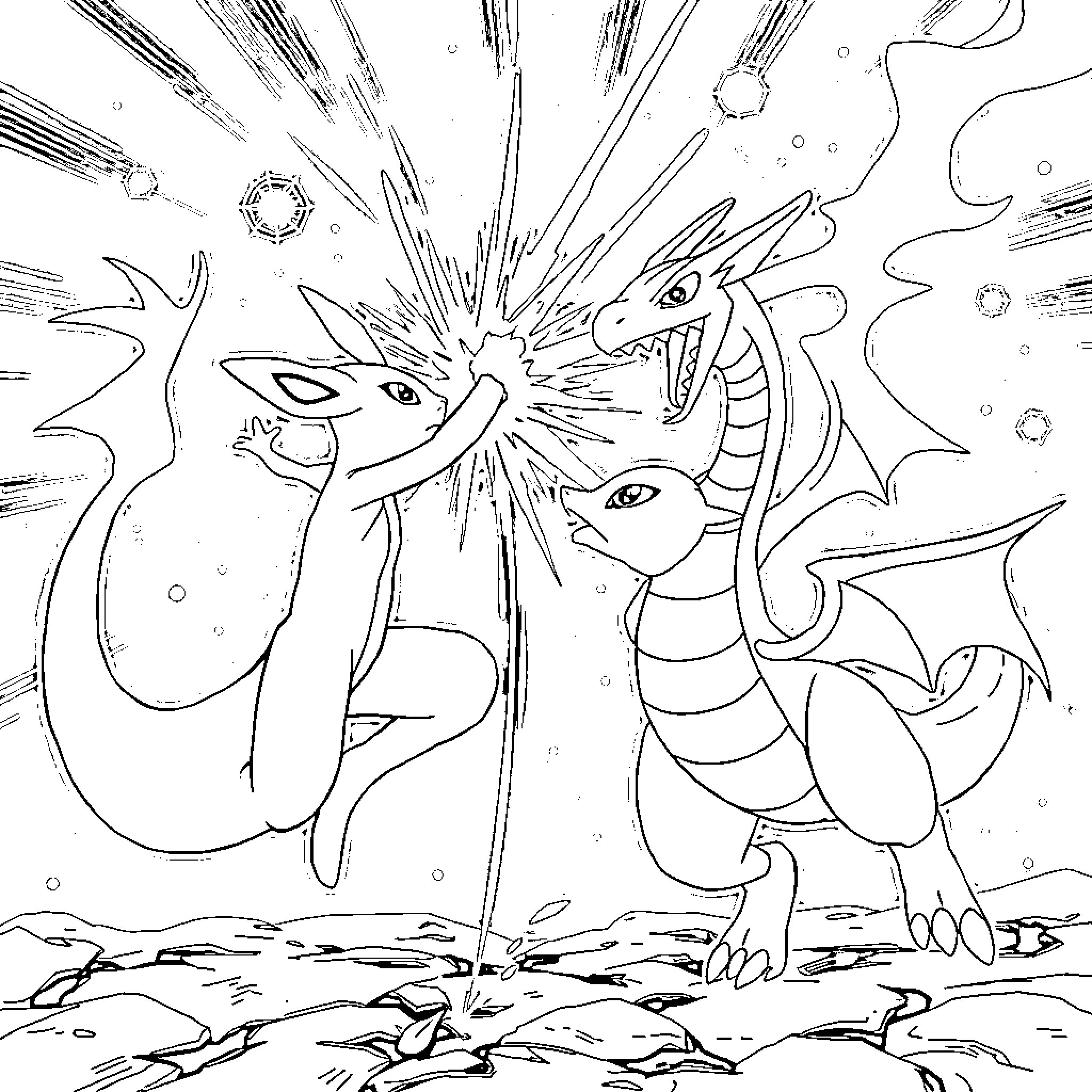 Mewtwo battling with a dragon-like creature Coloring Page (free black-and-white line drawing printable PDF for all, from beginners to advanced learners, including children, teens, adults, and seniors)