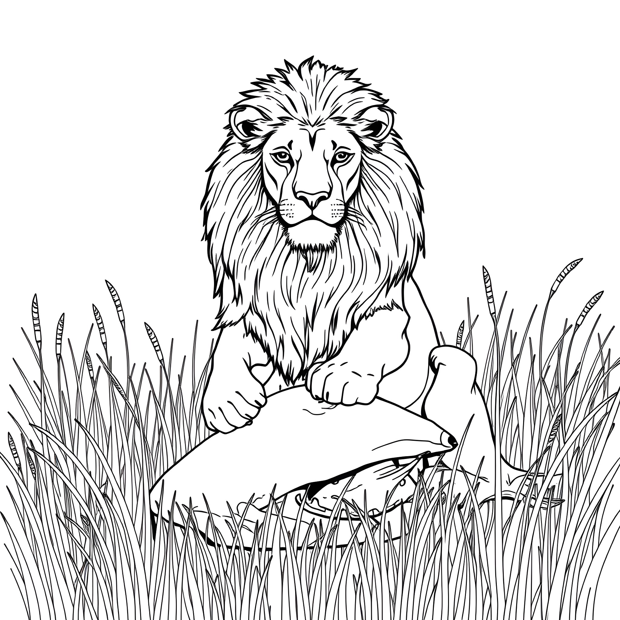 Lion resting among grass and vegetation Coloring Page (free black-and-white line drawing printable PDF for all, from beginners to advanced learners, including children, teens, adults, and seniors)