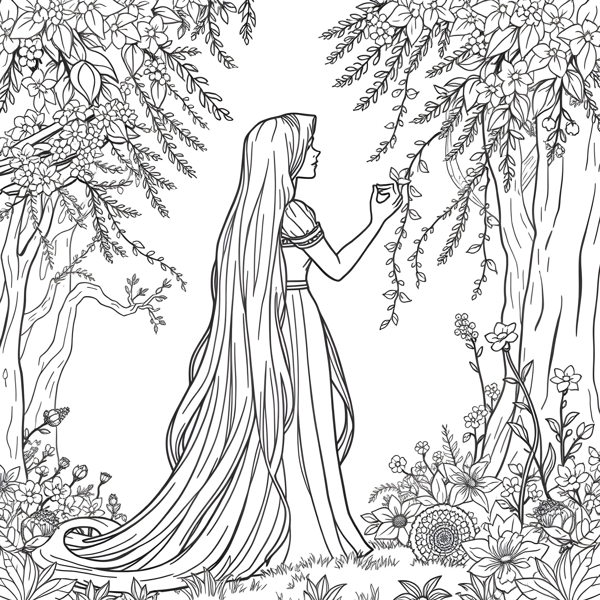 Rapunzel's Enchanted Forest Adventure Coloring Page (free black-and-white line drawing printable PDF for all, from beginners to advanced learners, including children, teens, adults, and seniors)