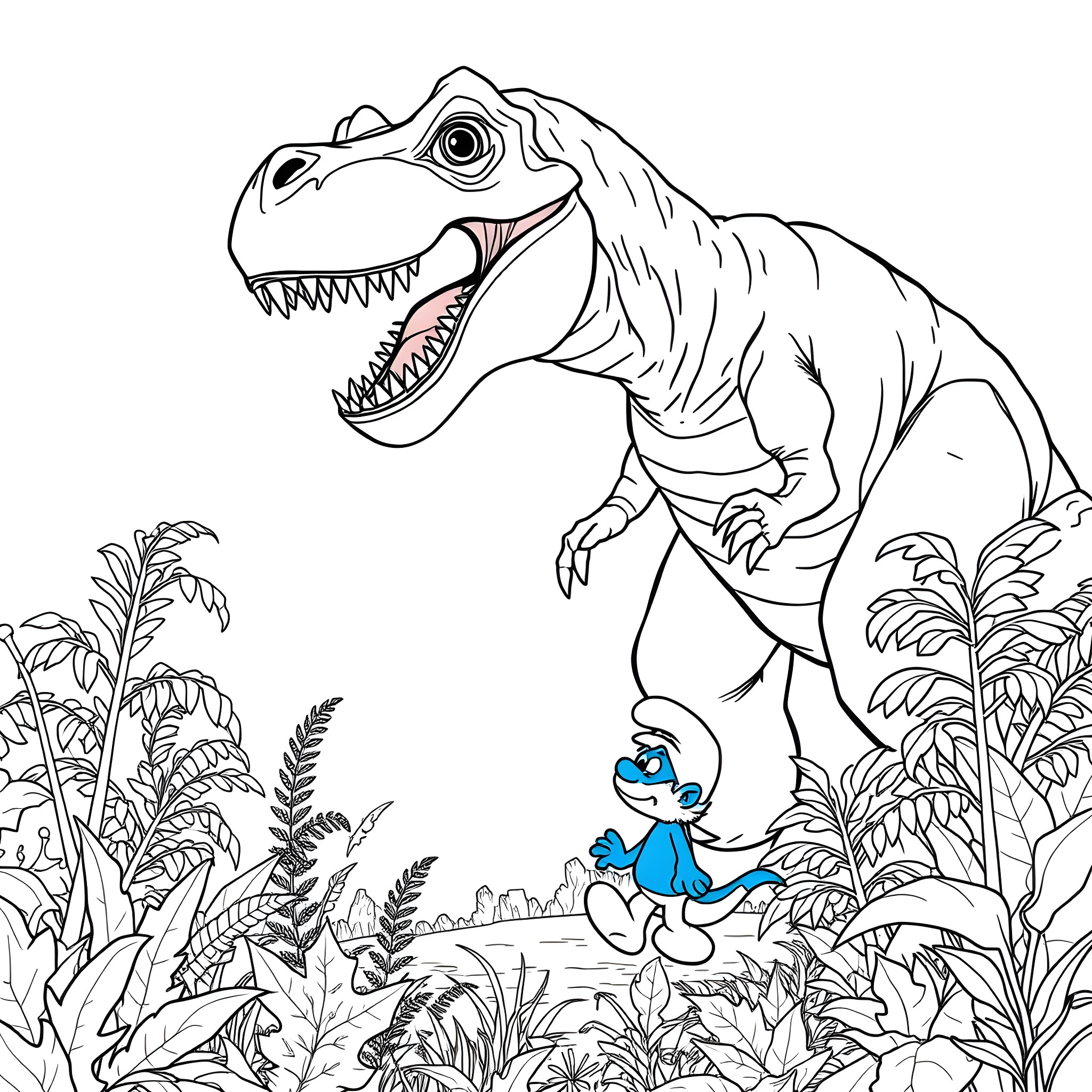 T-Rex Roars Amidst Lush Vegetation Coloring Page (free black-and-white line drawing printable PDF for all, from beginners to advanced learners, including children, teens, adults, and seniors)