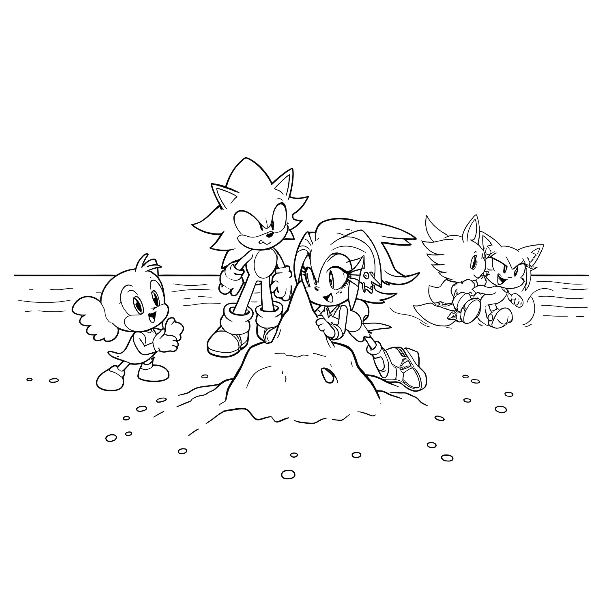 Character playing together in a scenic outdoor setting Coloring Page (free black-and-white line drawing printable PDF for all, from beginners to advanced learners, including children, teens, adults, and seniors)