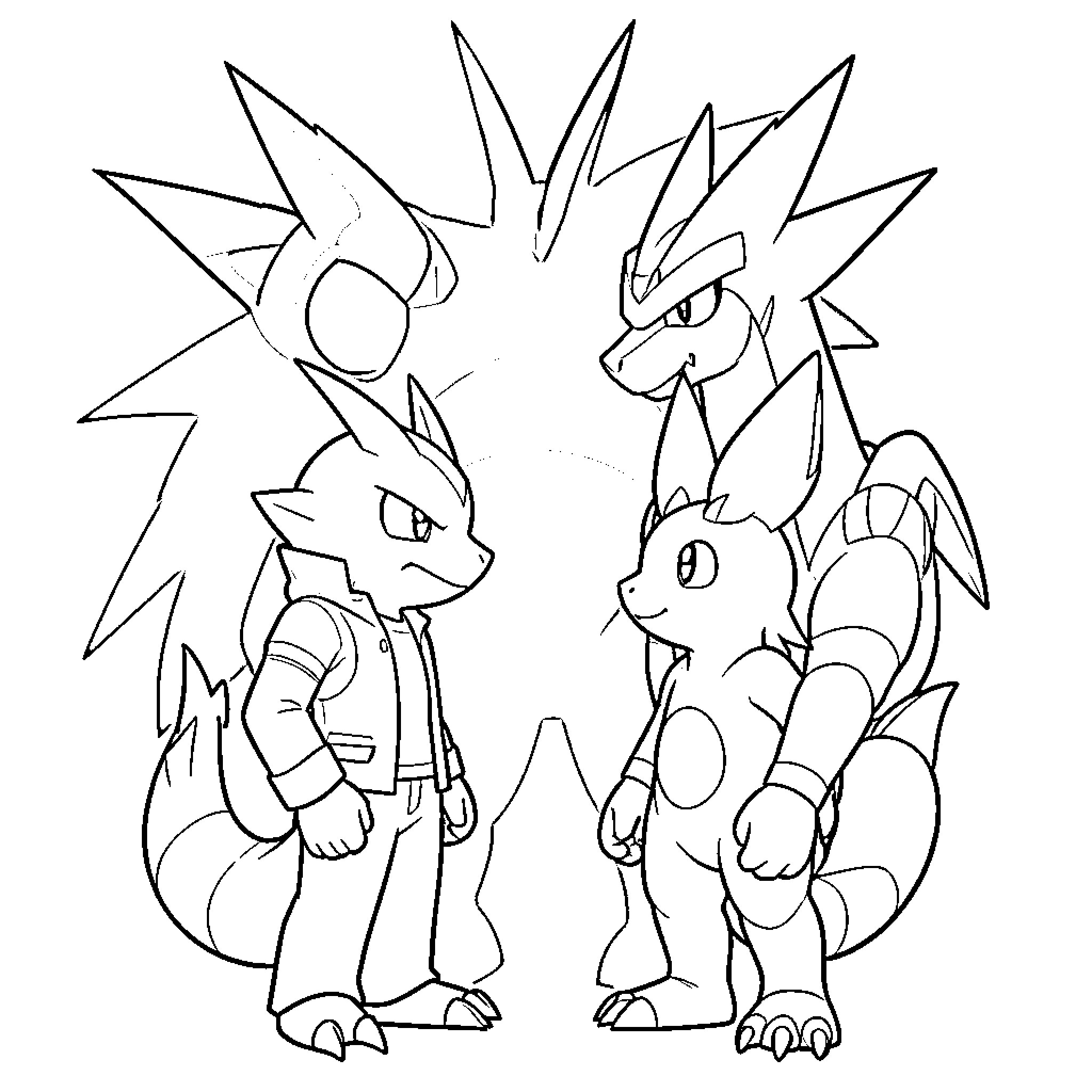 Gabumon characters posing in an animated scene Coloring Page (free black-and-white line drawing printable PDF for all, from beginners to advanced learners, including children, teens, adults, and seniors)