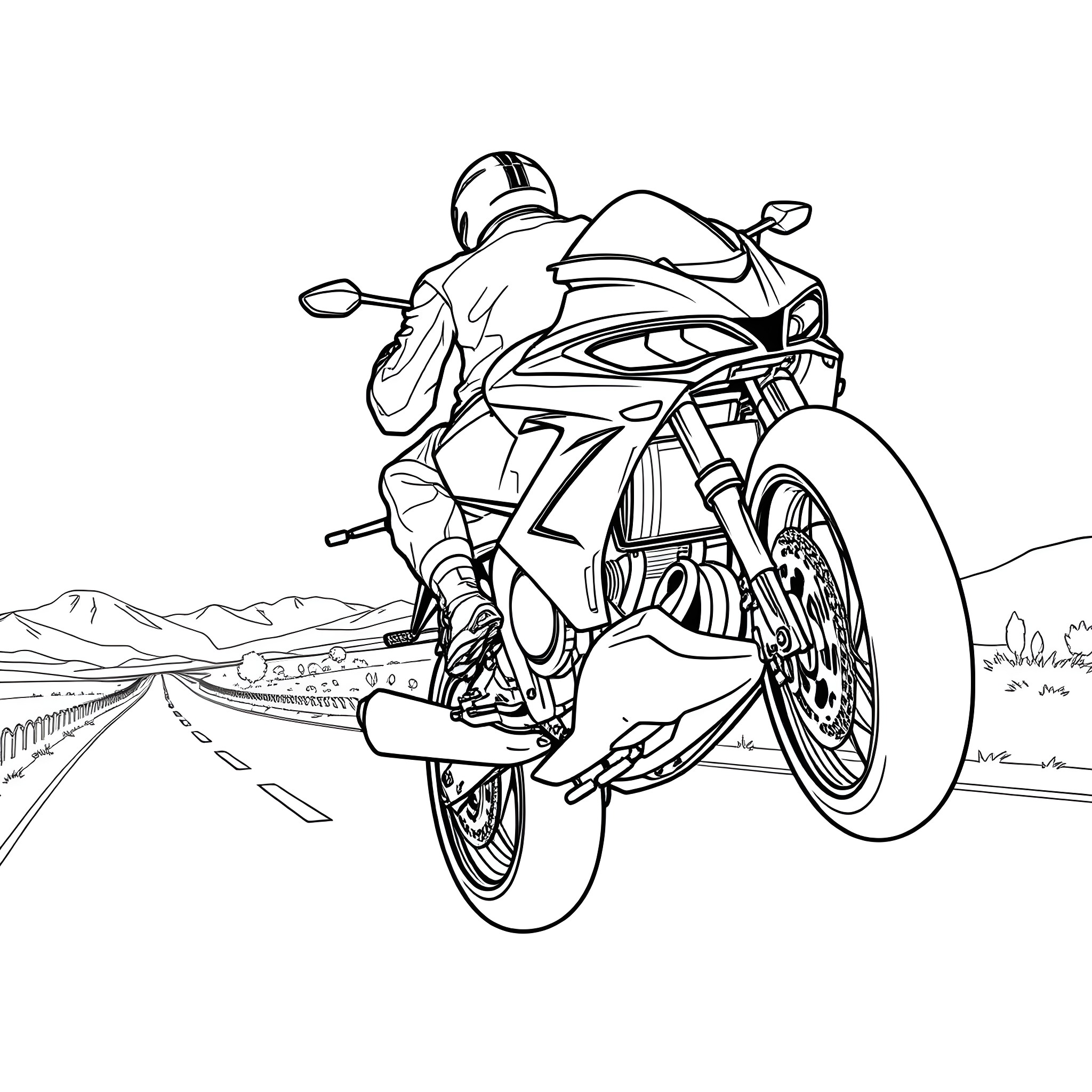ZX10R speeding on winding mountain road Coloring Page (free black-and-white line drawing printable PDF for all, from beginners to advanced learners, including children, teens, adults, and seniors)