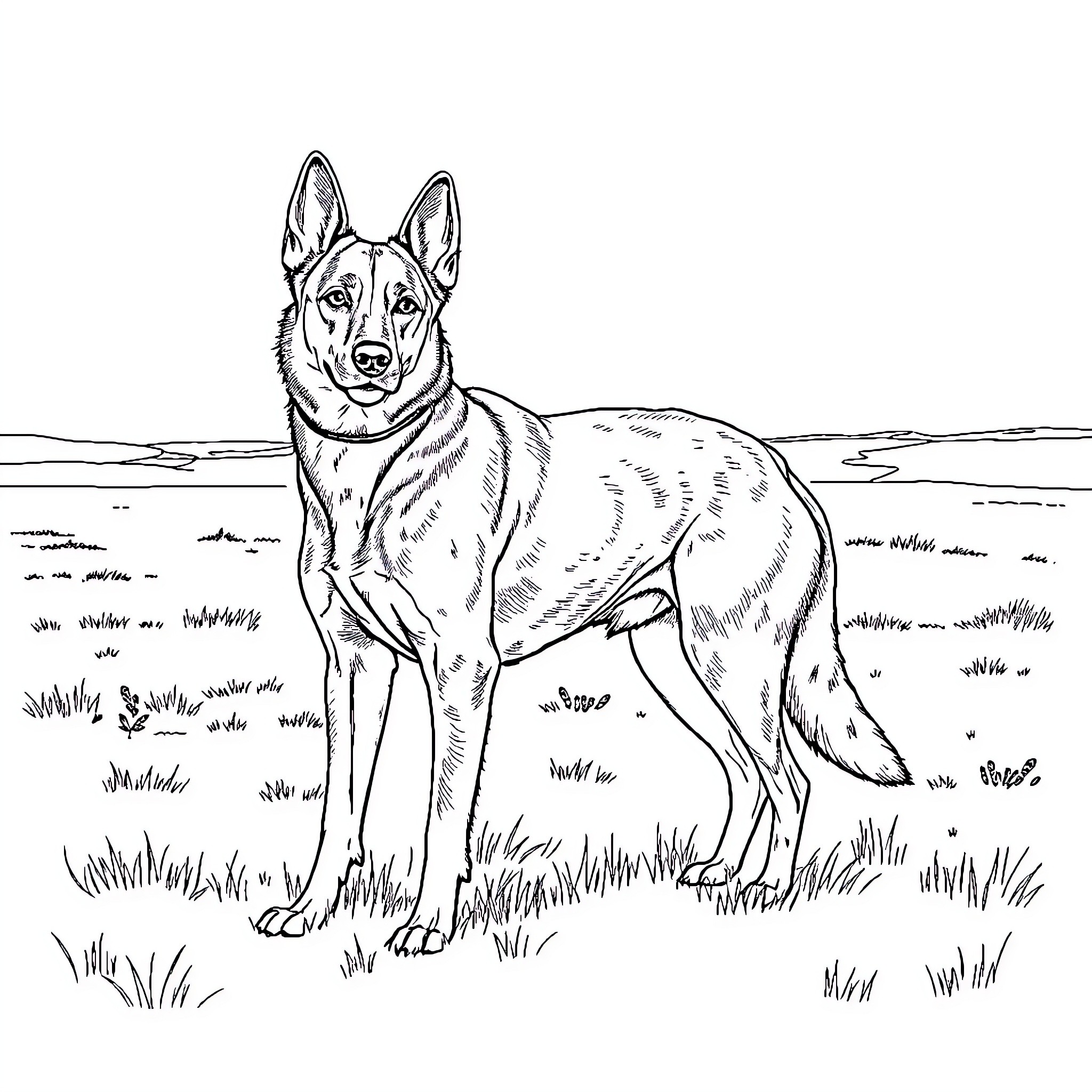Heeler watching over the field Coloring Page (free black-and-white line drawing printable PDF for all, from beginners to advanced learners, including children, teens, adults, and seniors)