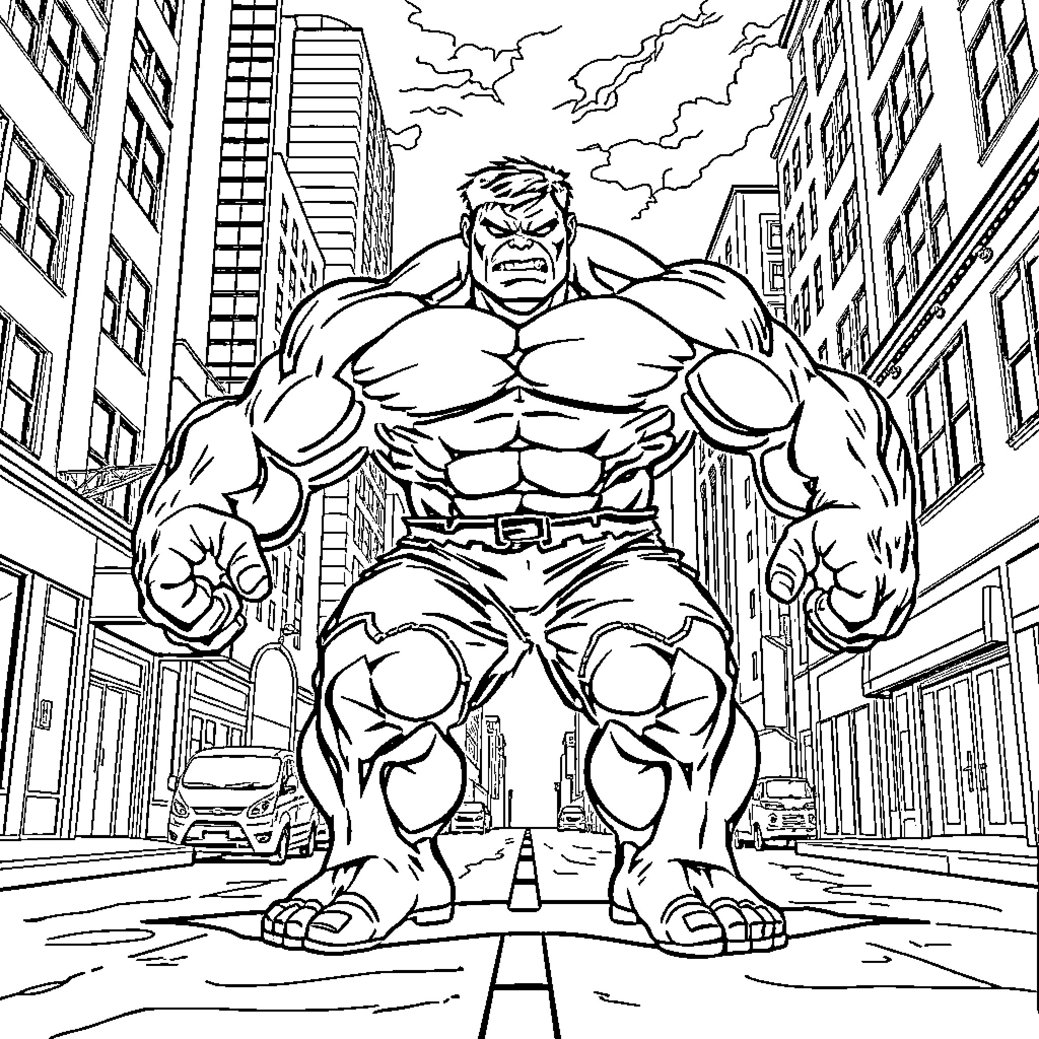 Hulk Rampaging Through the City Streets Coloring Page (free black-and-white line drawing printable PDF for all, from beginners to advanced learners, including children, teens, adults, and seniors)