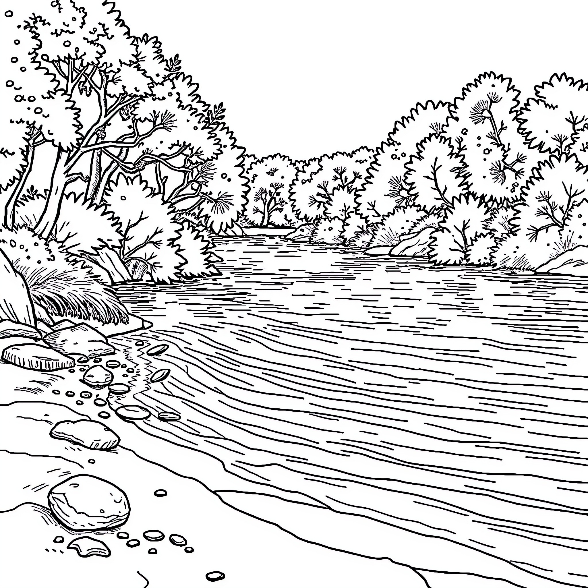 River flowing through serene forest landscape Coloring Page (free black-and-white line drawing printable PDF for all, from beginners to advanced learners, including children, teens, adults, and seniors)
