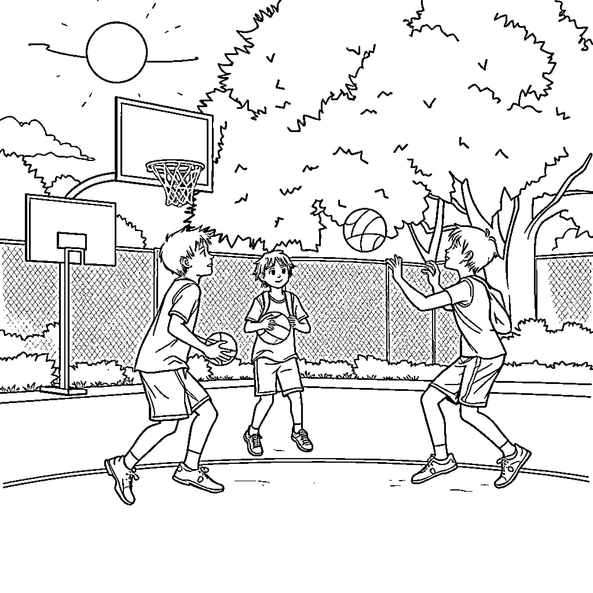 Students Playing Basketball on the Court Coloring Page (free black-and-white line drawing printable PDF for all, from beginners to advanced learners, including children, teens, adults, and seniors)
