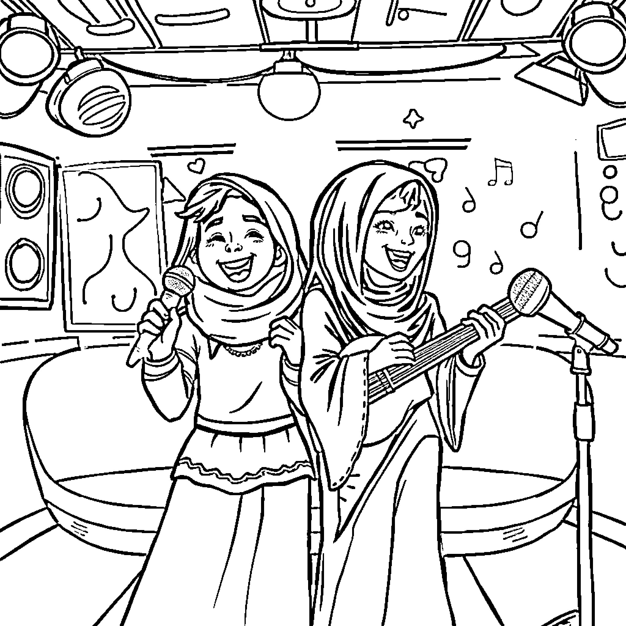 Rumi singing and performing with friend Coloring Page (free black-and-white line drawing printable PDF for all, from beginners to advanced learners, including children, teens, adults, and seniors)