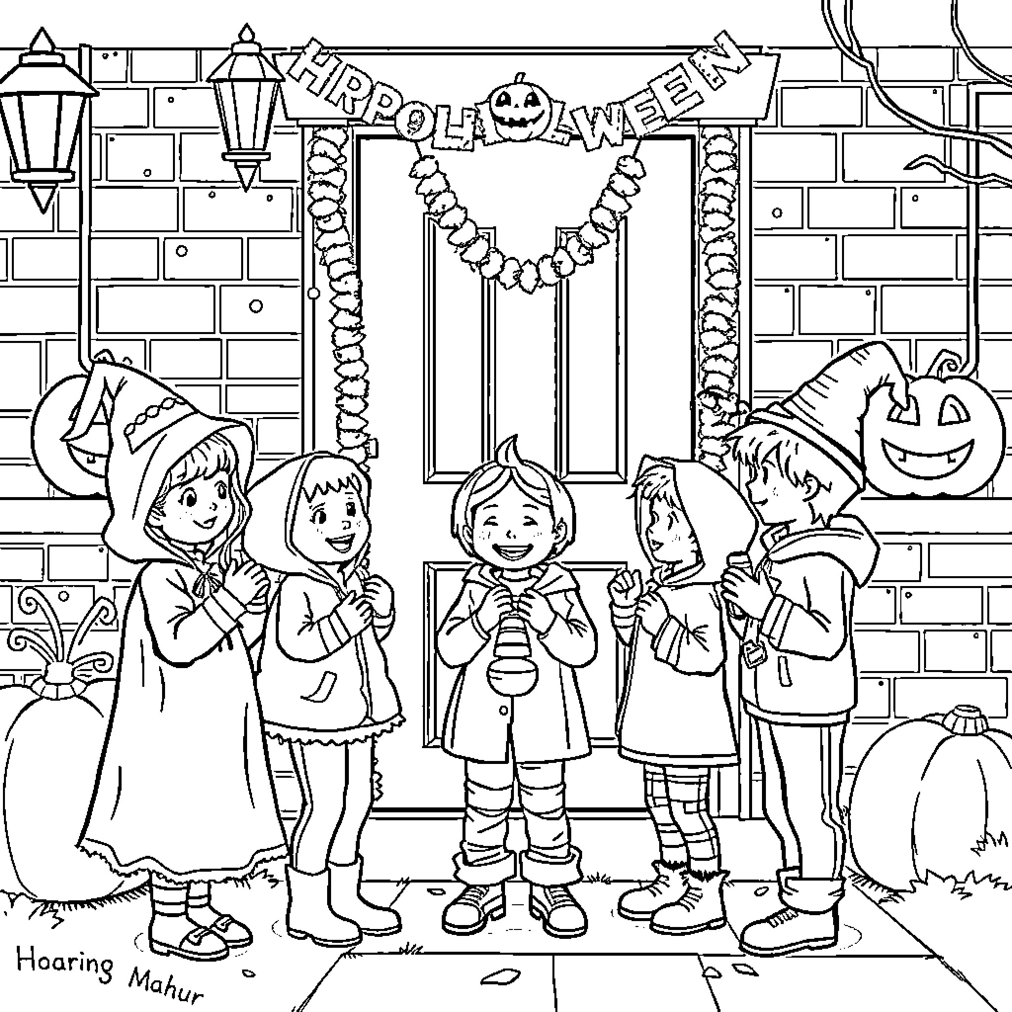Child group celebrating Halloween dressed in costumes Coloring Page (free black-and-white line drawing printable PDF for all, from beginners to advanced learners, including children, teens, adults, and seniors)