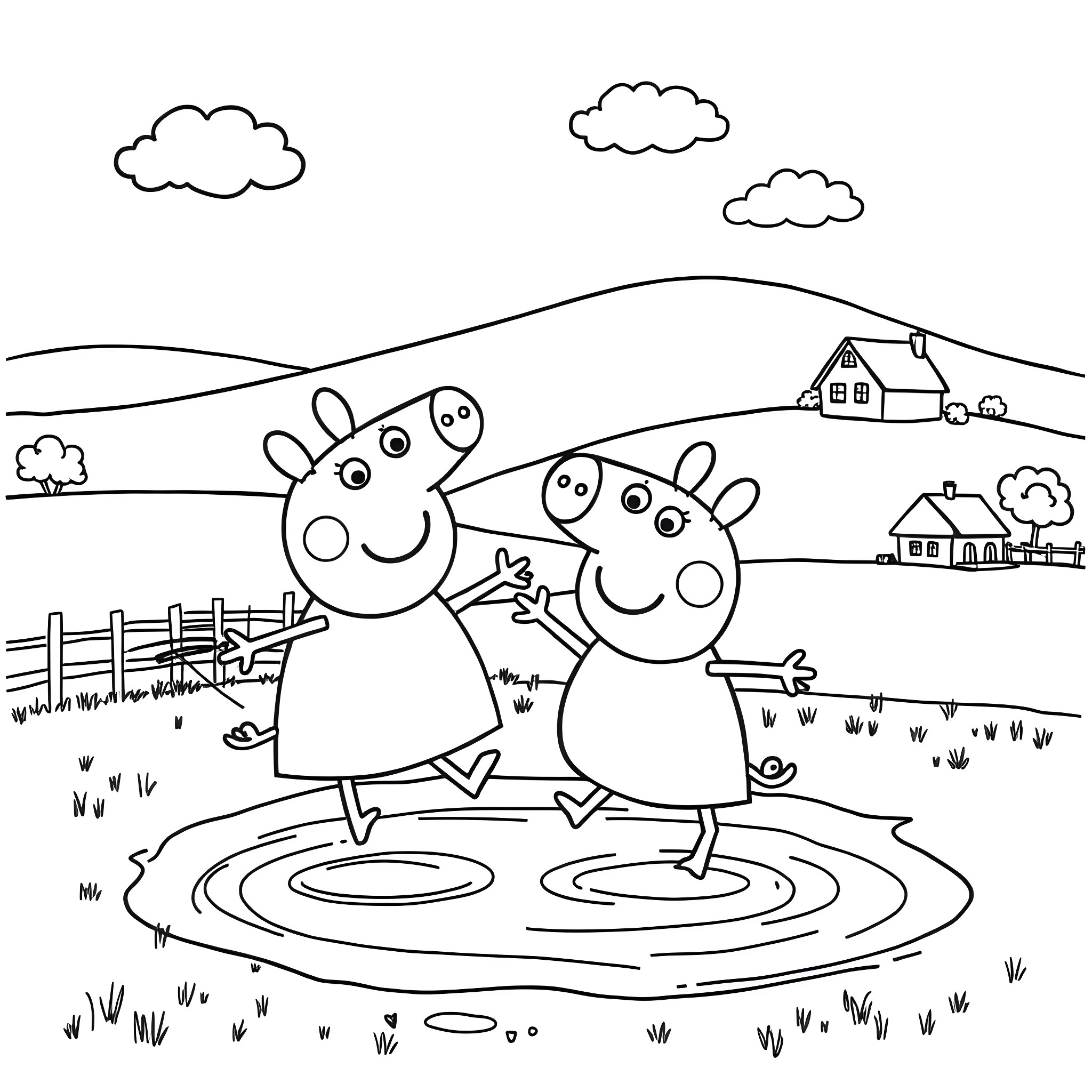 Peppa Pig and her friends exploring the countryside Coloring Page (free black-and-white line drawing printable PDF for all, from beginners to advanced learners, including children, teens, adults, and seniors)