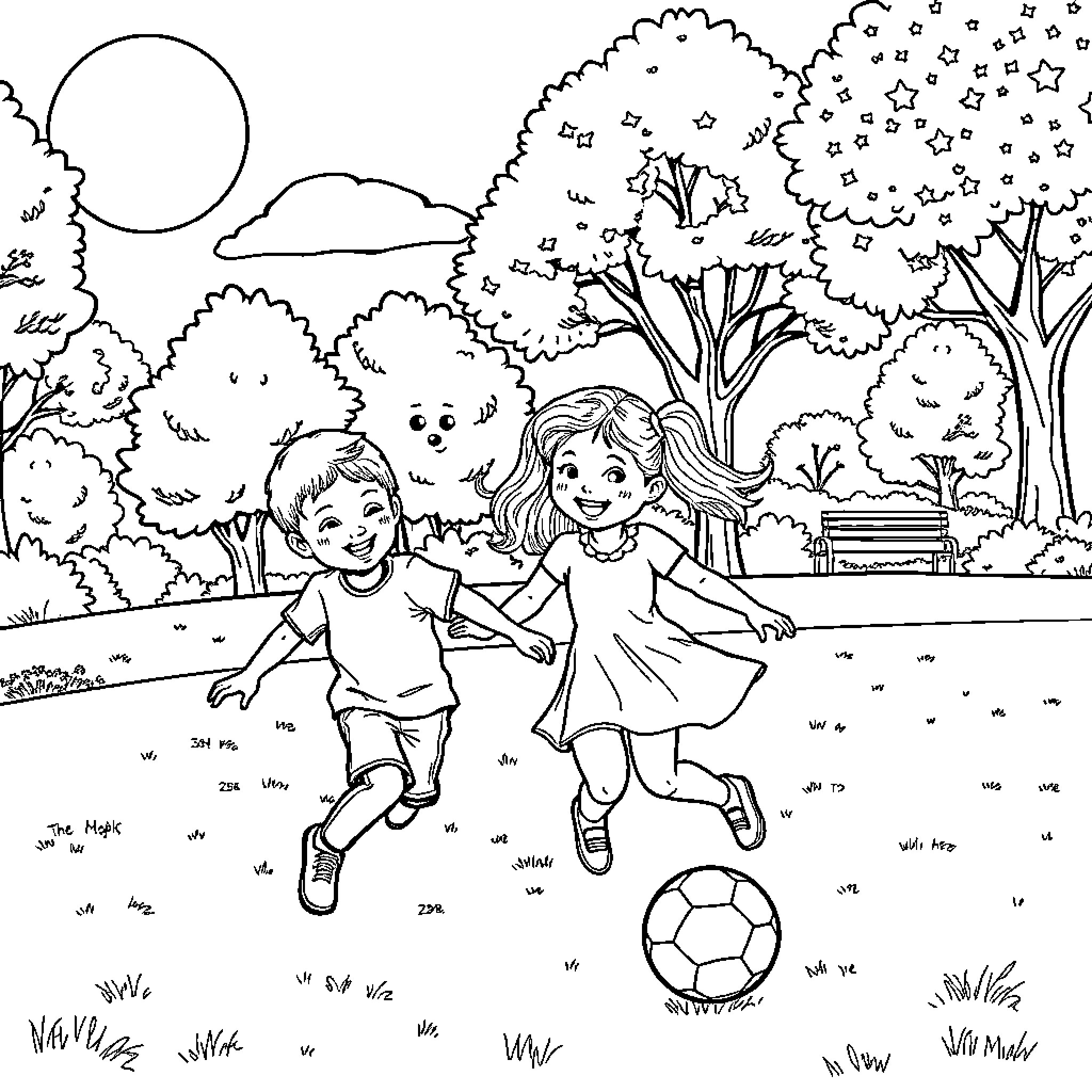 Kid playing soccer with friend in park Coloring Page (free black-and-white line drawing printable PDF for all, from beginners to advanced learners, including children, teens, adults, and seniors)