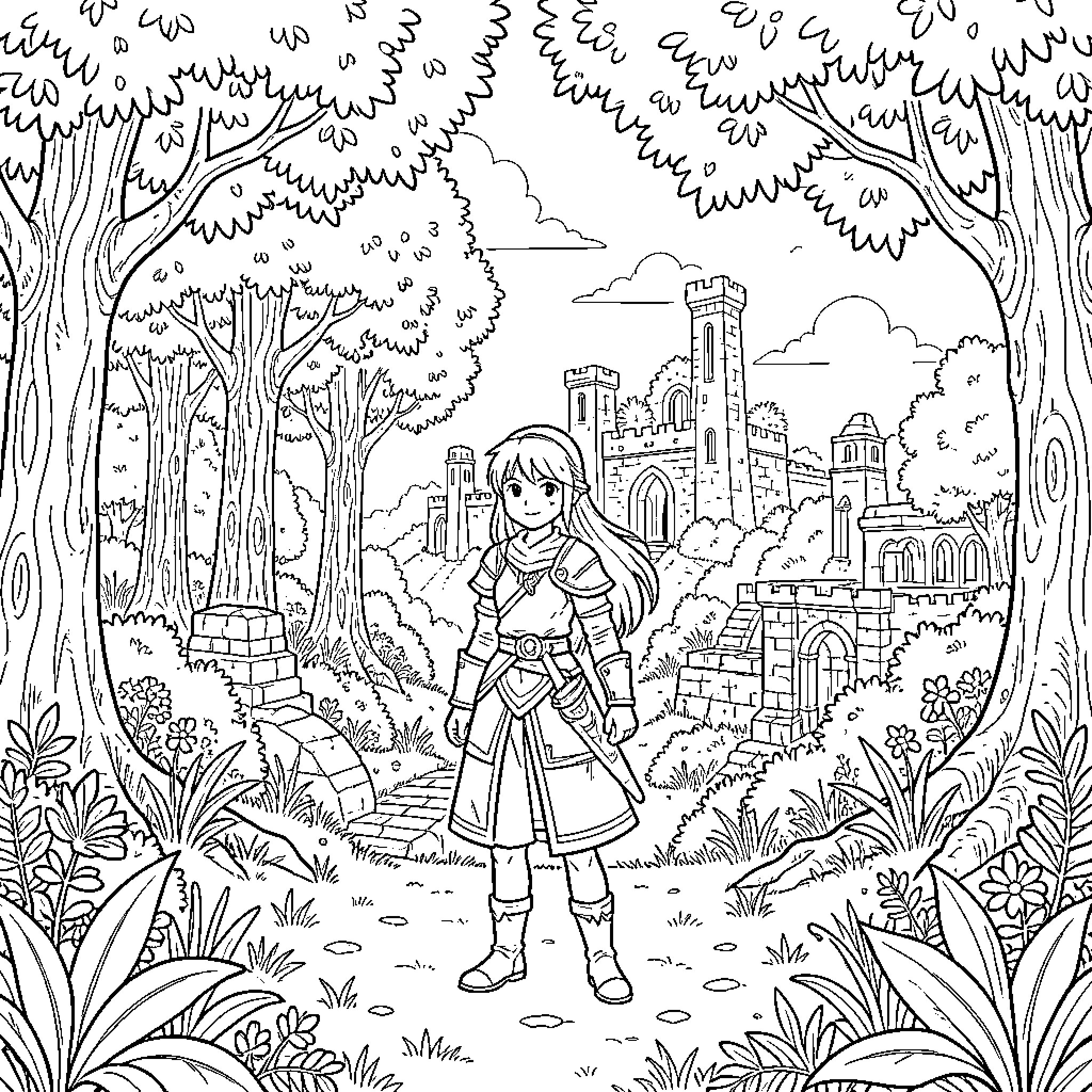Zelda standing amidst a forest and castle ruins Coloring Page (free black-and-white line drawing printable PDF for all, from beginners to advanced learners, including children, teens, adults, and seniors)