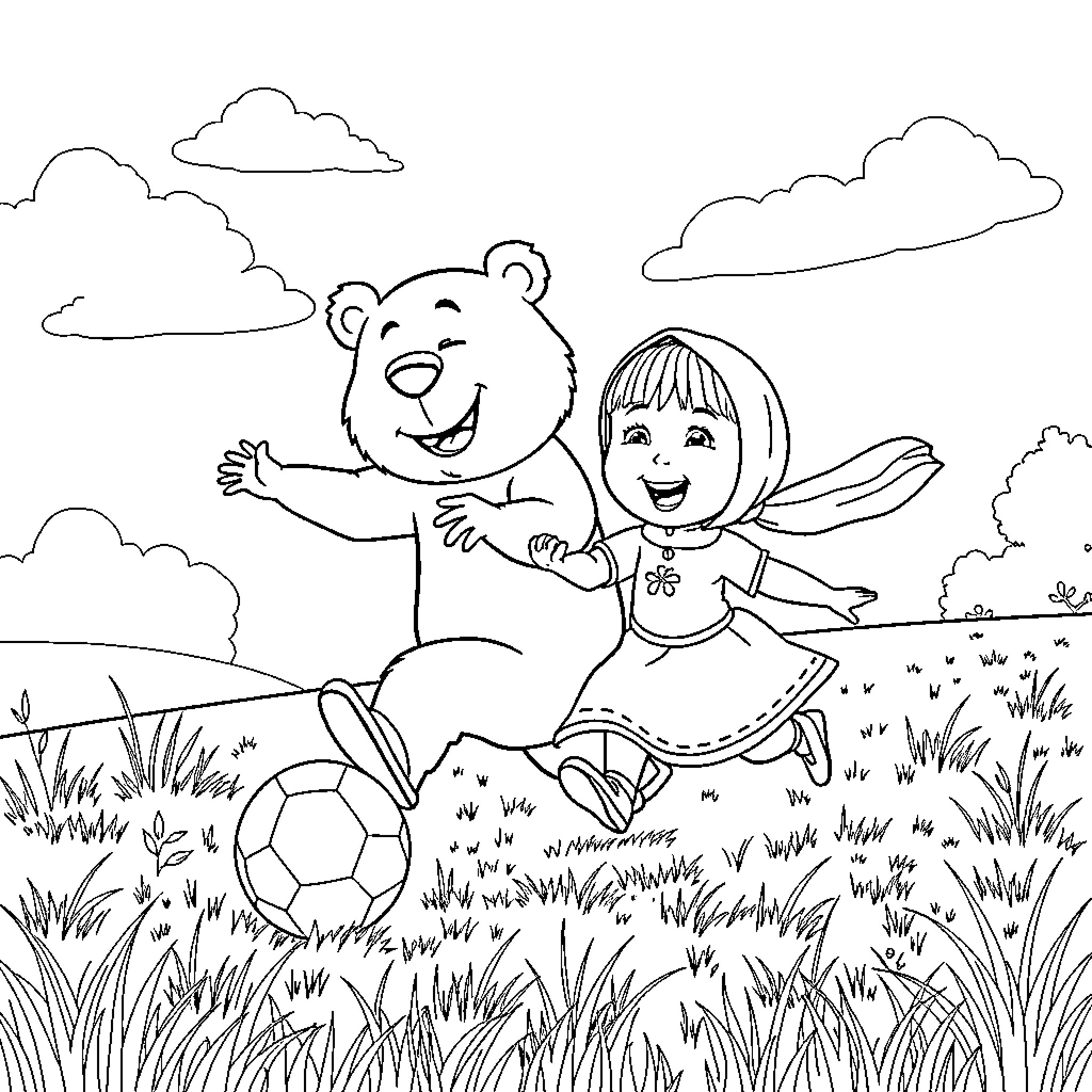 Masha playing happily with a bear in the field Coloring Page (free black-and-white line drawing printable PDF for all, from beginners to advanced learners, including children, teens, adults, and seniors)