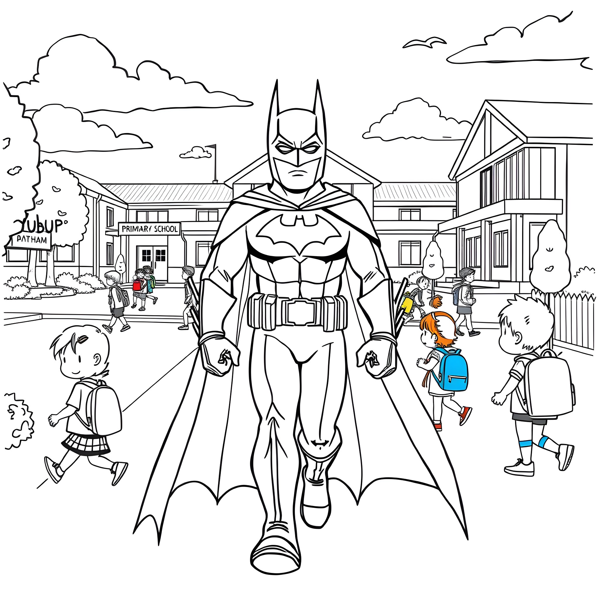 Batman protecting the town from villains Coloring Page (free black-and-white line drawing printable PDF for all, from beginners to advanced learners, including children, teens, adults, and seniors)