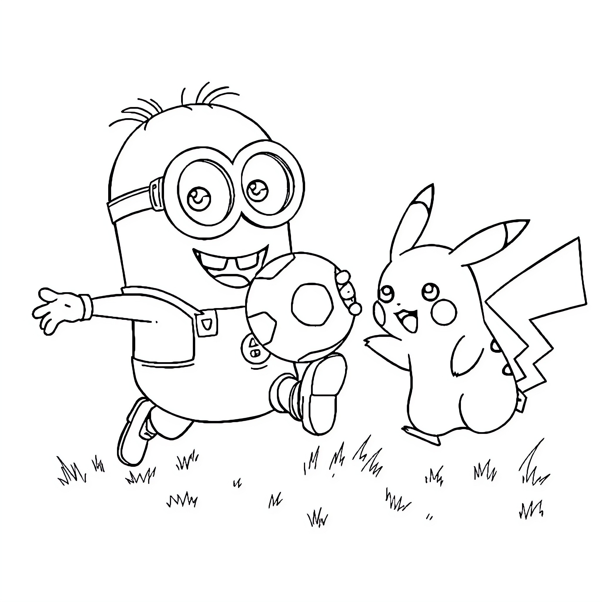 Minion playing happily with Pokemon characters Coloring Page (free black-and-white line drawing printable PDF for all, from beginners to advanced learners, including children, teens, adults, and seniors)