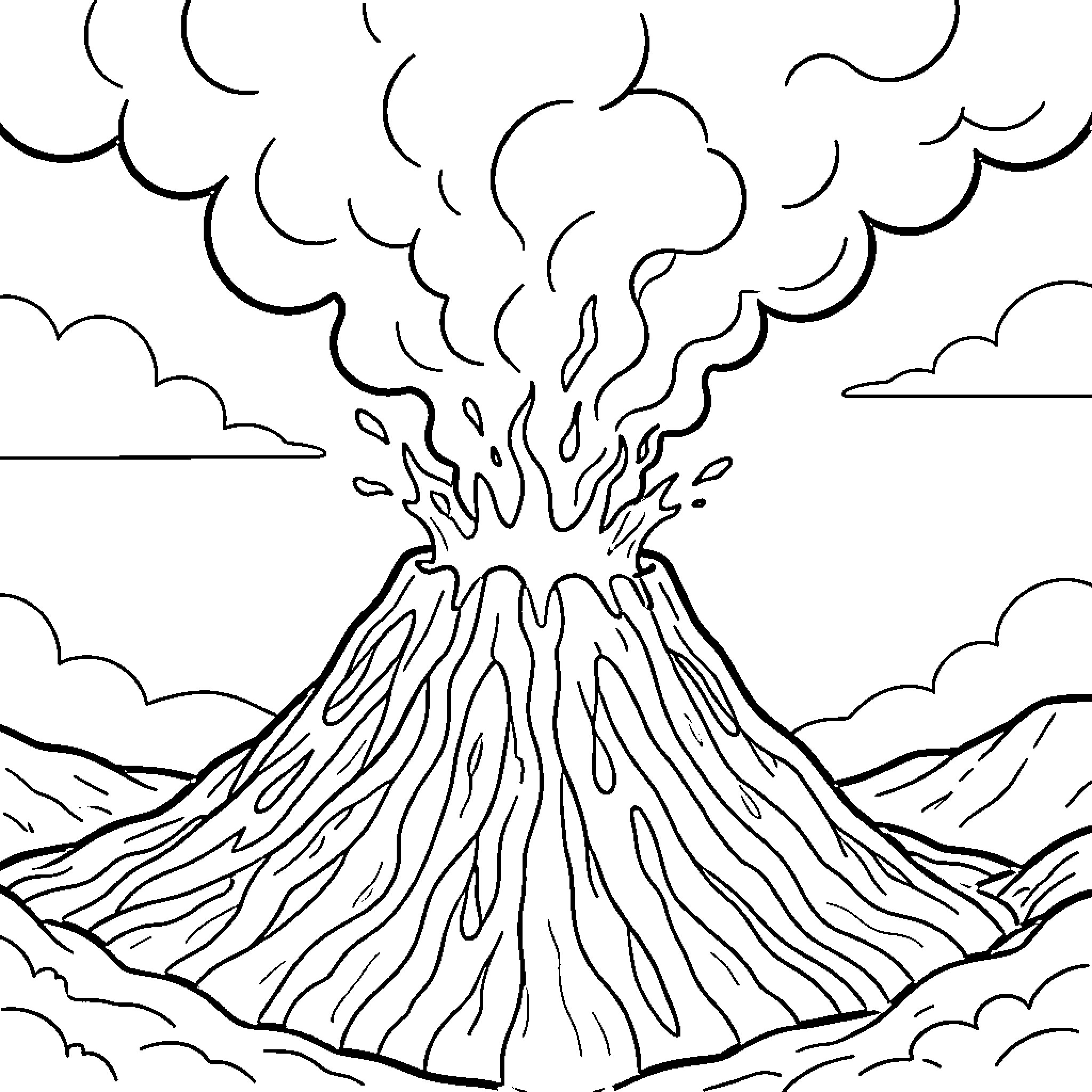 Volcano erupting in the mountains Coloring Page (free black-and-white line drawing printable PDF for all, from beginners to advanced learners, including children, teens, adults, and seniors)