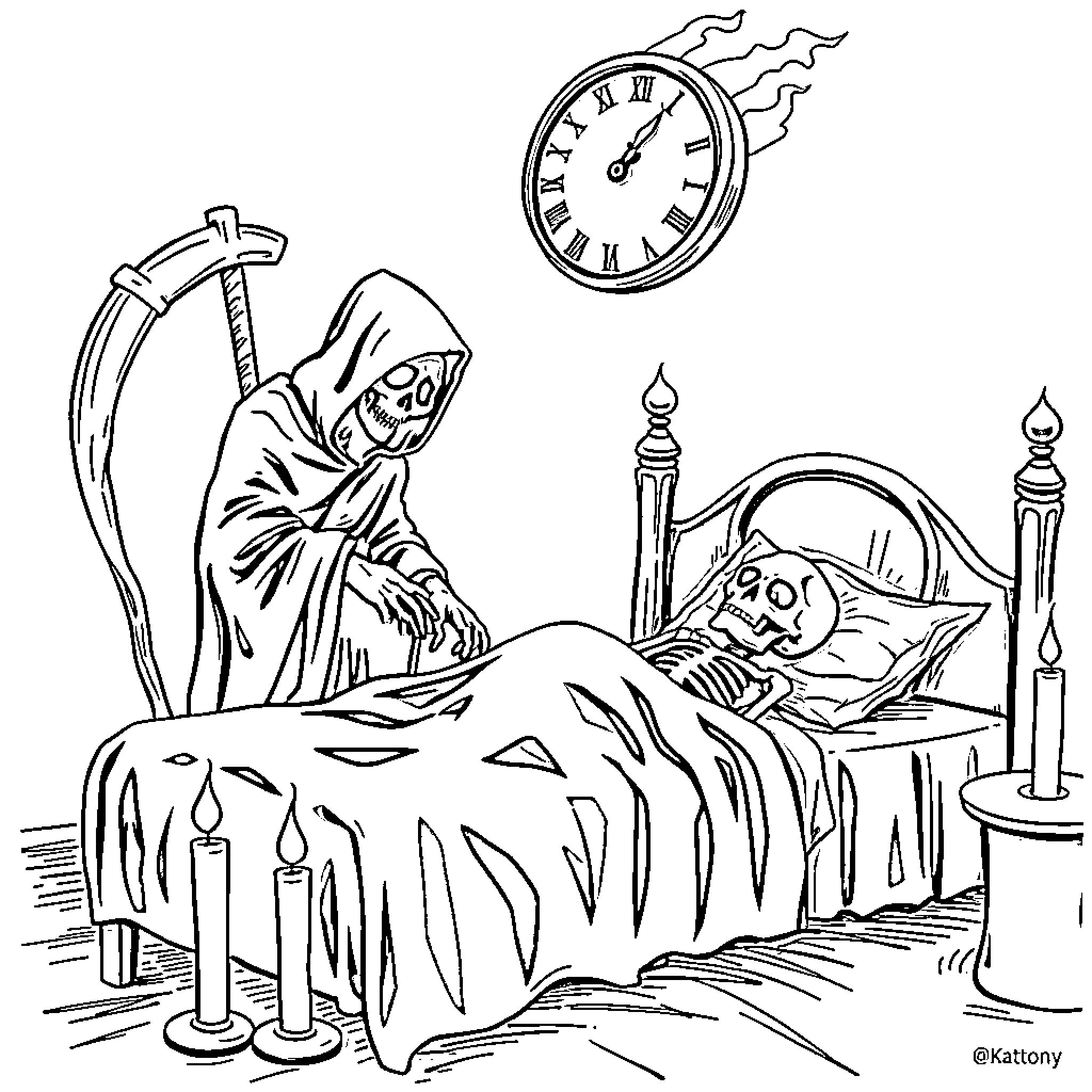 Grim Reaper Visits Sick Person's Deathbed at Midnight Coloring Page (free black-and-white line drawing printable PDF for all, from beginners to advanced learners, including children, teens, adults, and seniors)