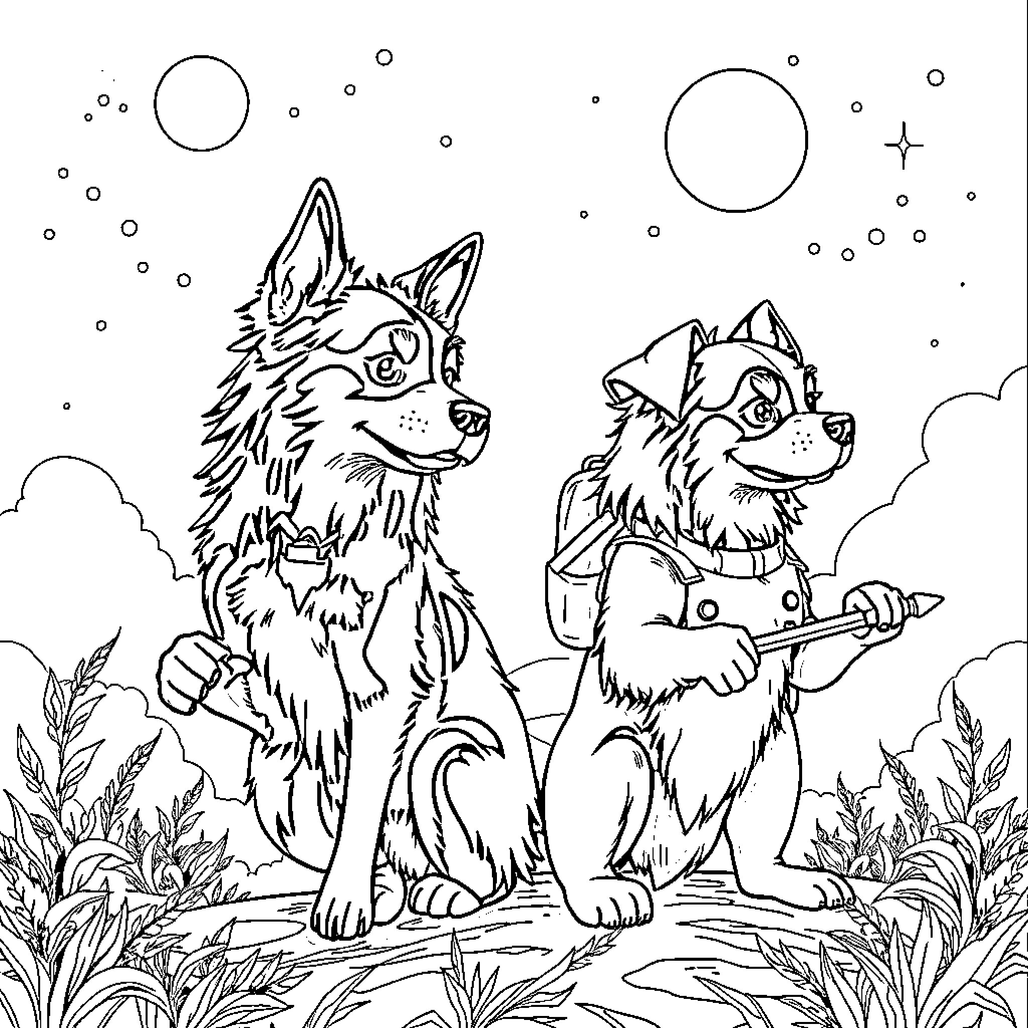 Paw Patrol pups exploring the night sky Coloring Page (free black-and-white line drawing printable PDF for all, from beginners to advanced learners, including children, teens, adults, and seniors)