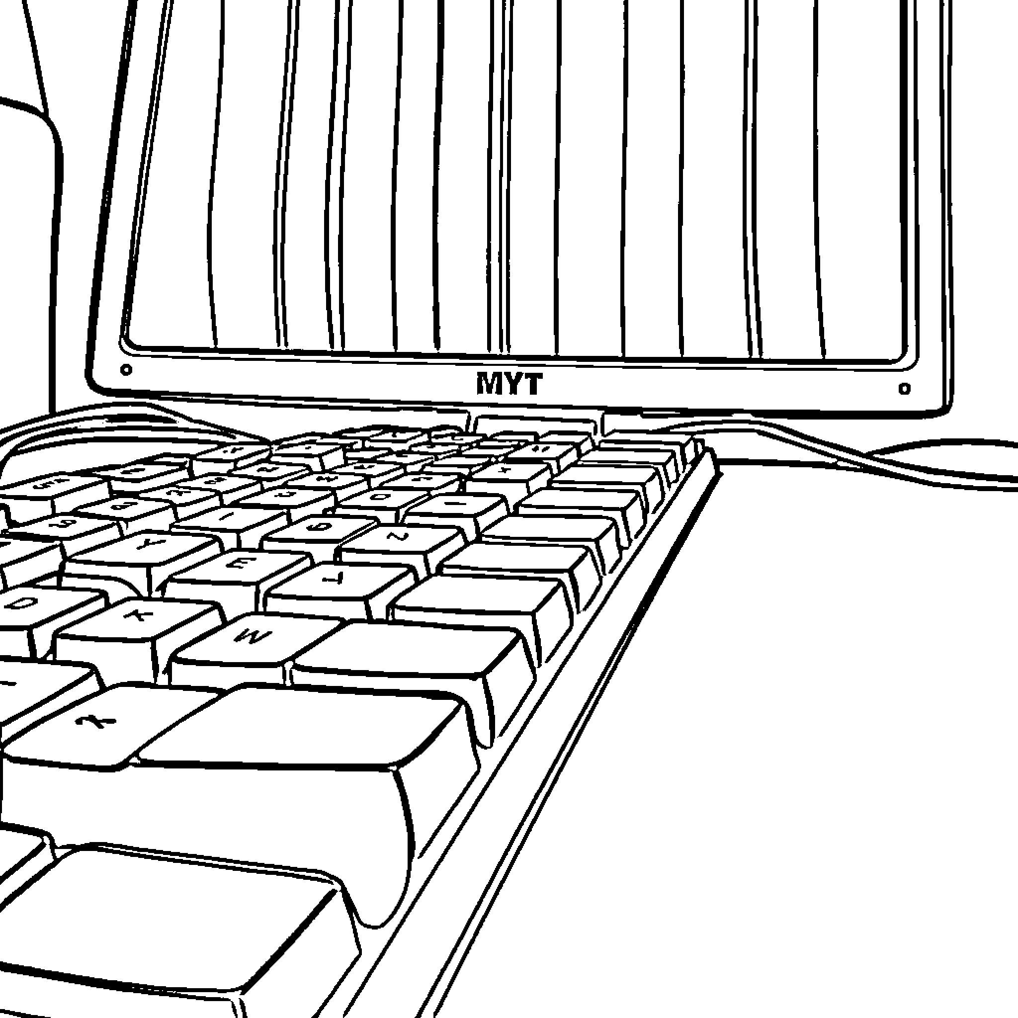 Keyboard with monitor display in black and white Coloring Page (free black-and-white line drawing printable PDF for all, from beginners to advanced learners, including children, teens, adults, and seniors)