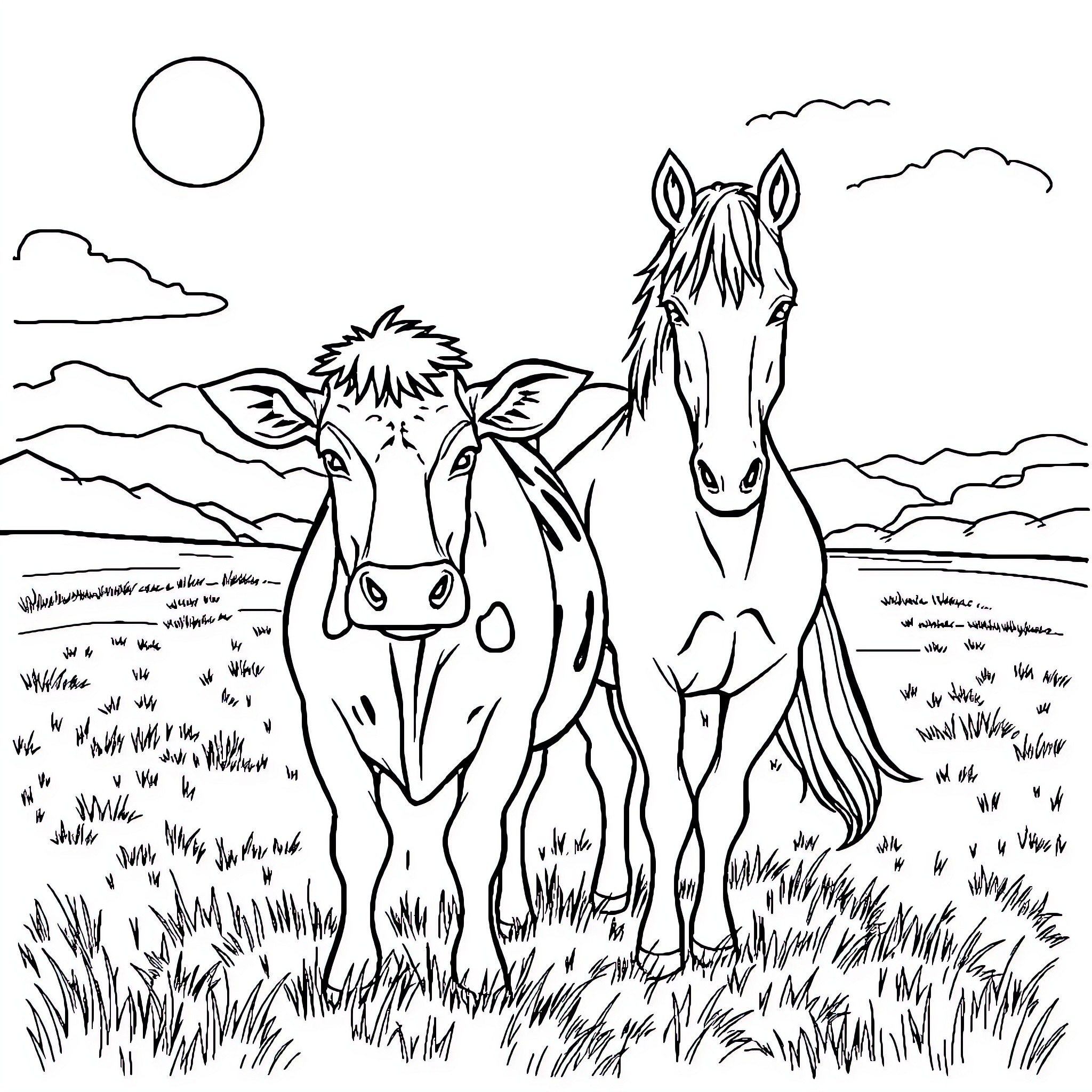 Cow and Horse in Scenic Countryside Coloring Page (free black-and-white line drawing printable PDF for all, from beginners to advanced learners, including children, teens, adults, and seniors)