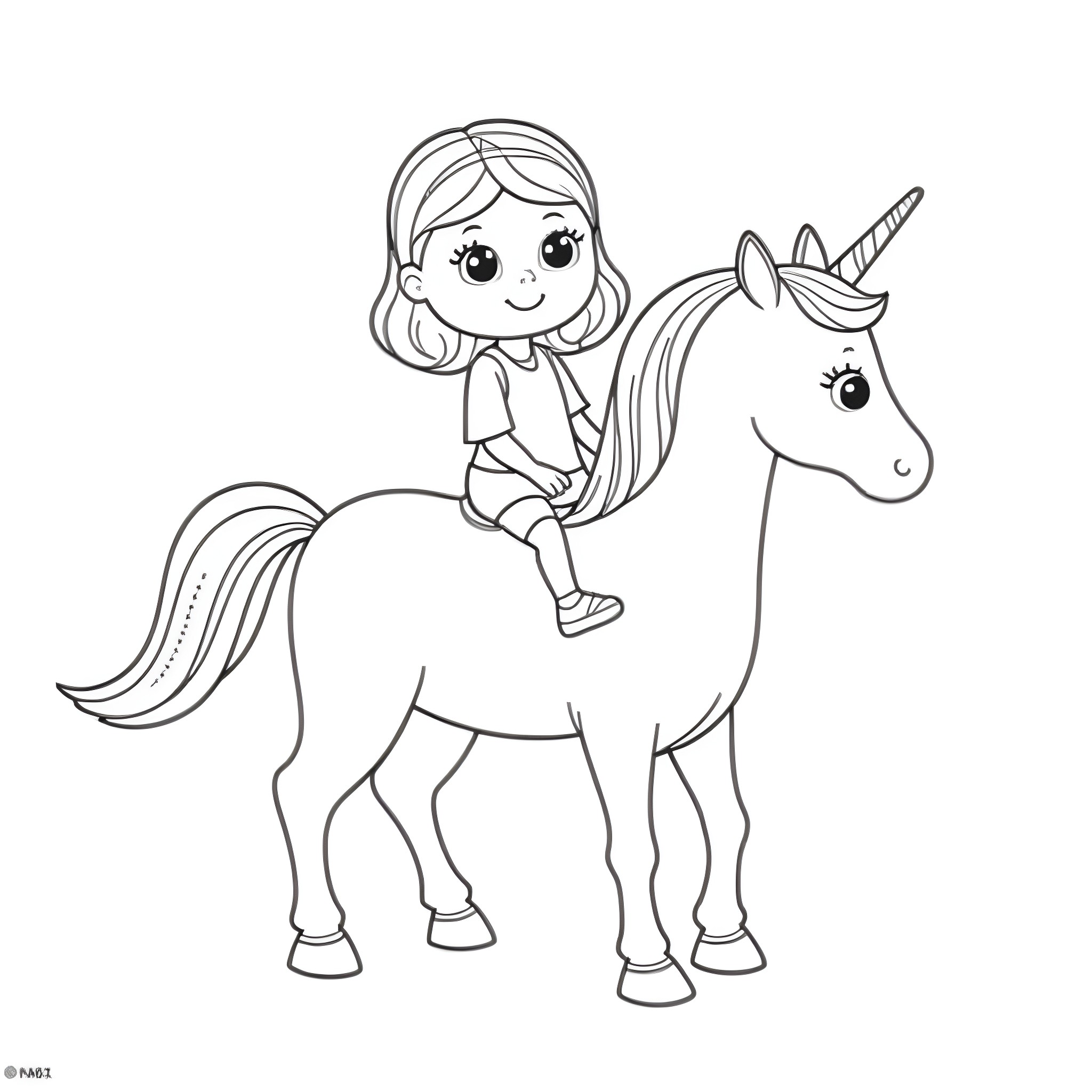Gabby riding a magical unicorn Coloring Page (free black-and-white line drawing printable PDF for all, from beginners to advanced learners, including children, teens, adults, and seniors)