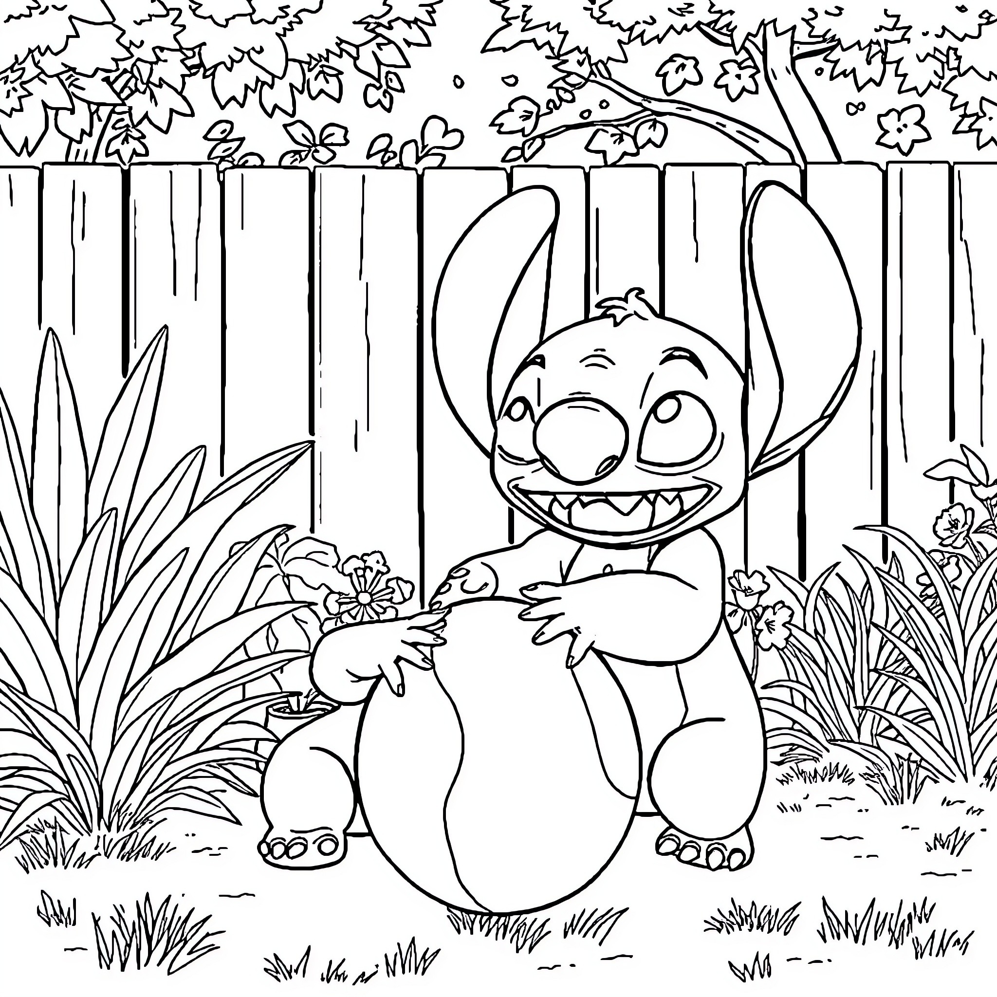 Lilo enjoying the nature with a playful smile Coloring Page (free black-and-white line drawing printable PDF for all, from beginners to advanced learners, including children, teens, adults, and seniors)
