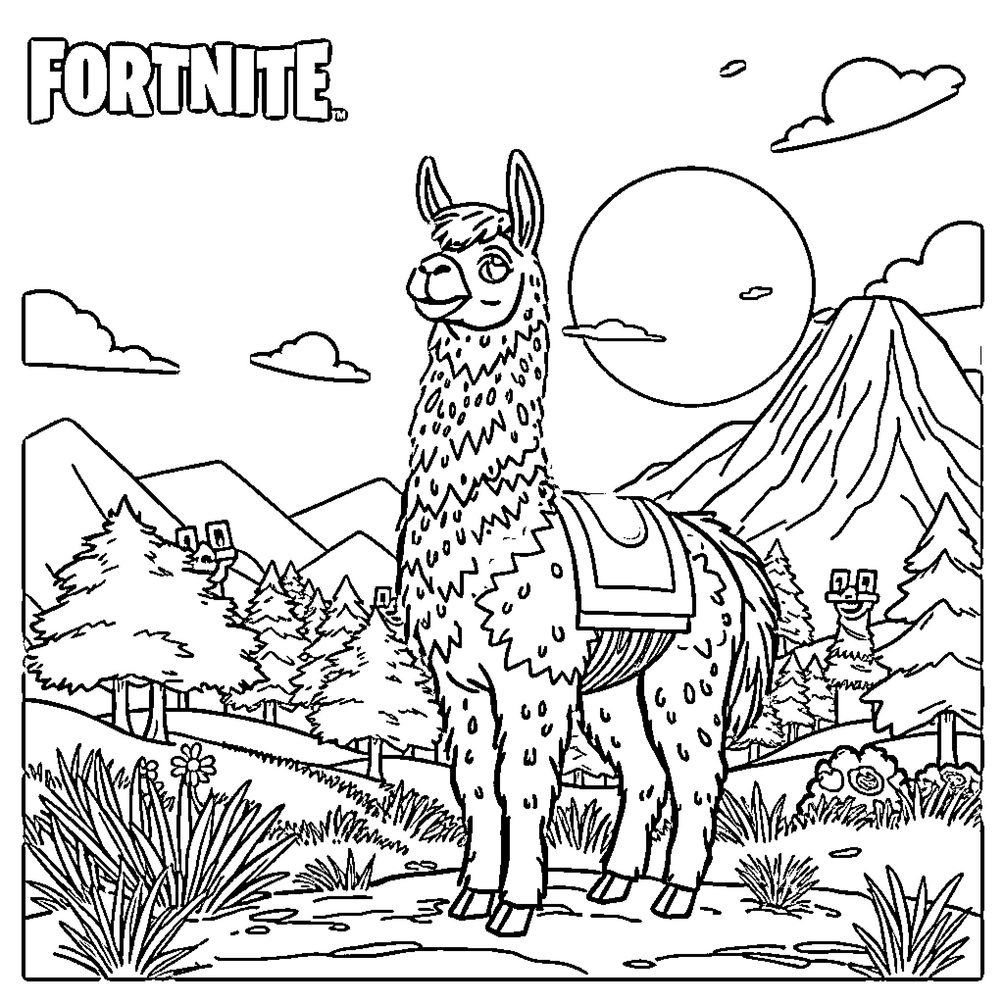 Llama posing in a Fortnite-inspired landscape Coloring Page (free black-and-white line drawing printable PDF for all, from beginners to advanced learners, including children, teens, adults, and seniors)