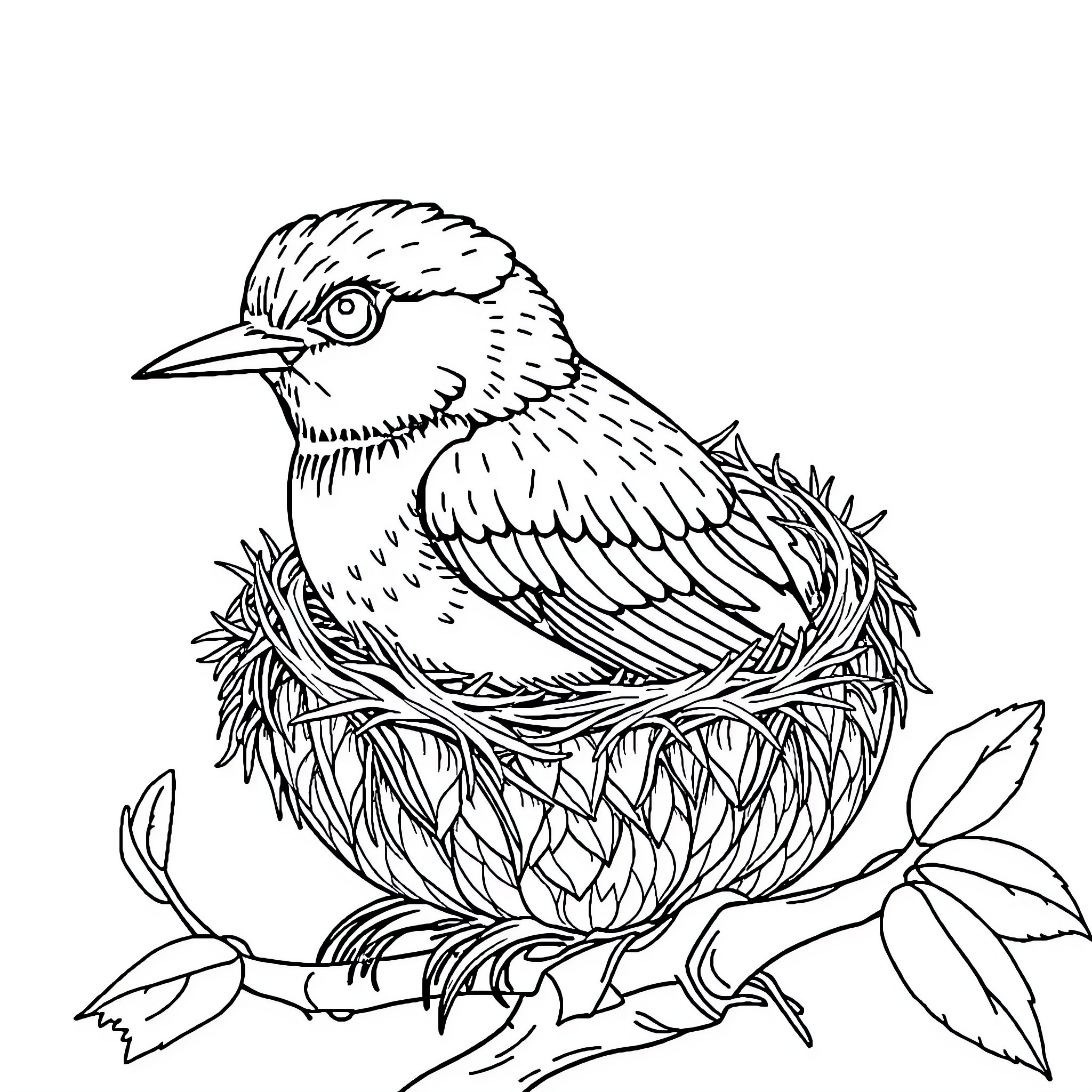 Bird nesting in the leaves Coloring Page (free black-and-white line drawing printable PDF for all, from beginners to advanced learners, including children, teens, adults, and seniors)
