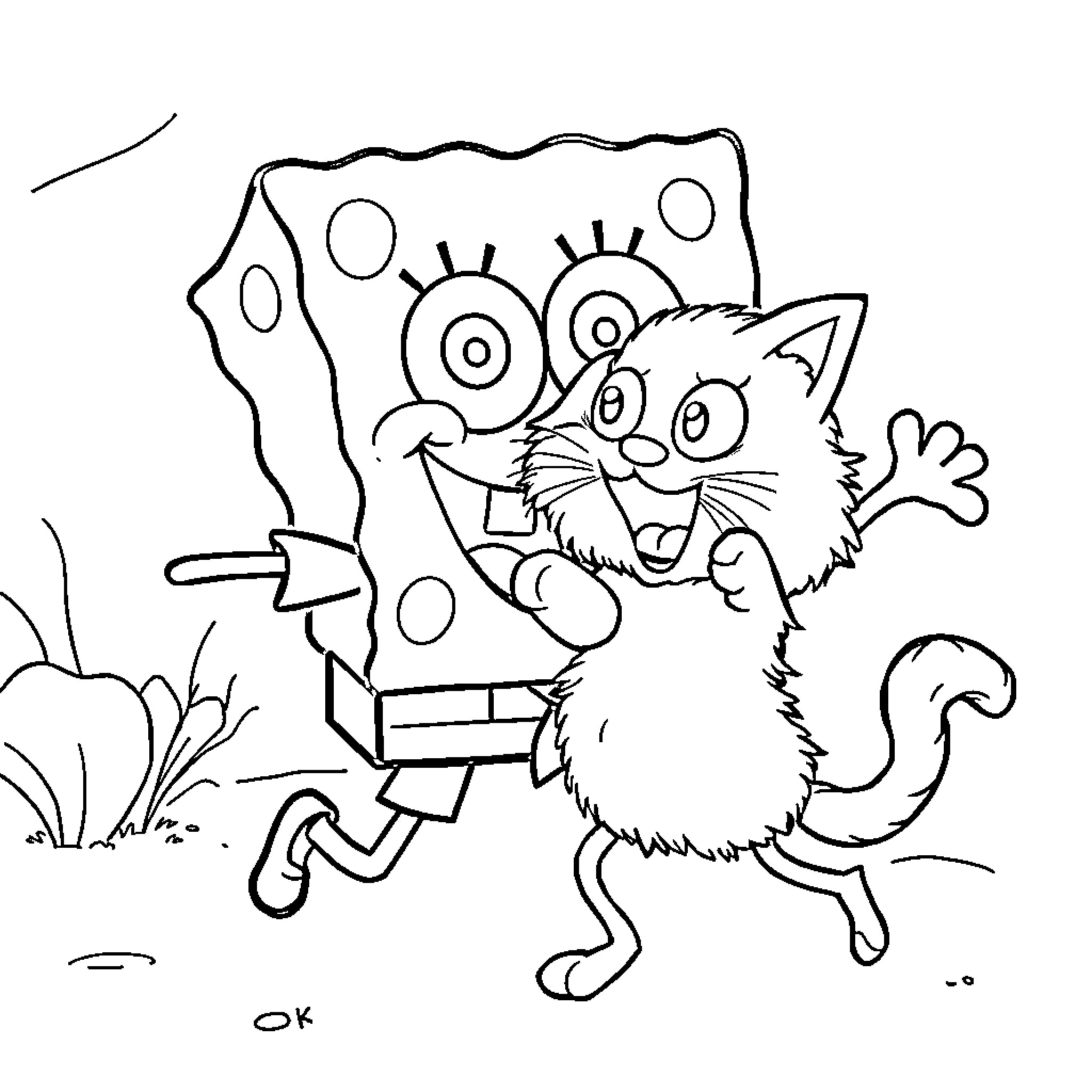 Spongebob chasing and playing with a cat Coloring Page (free black-and-white line drawing printable PDF for all, from beginners to advanced learners, including children, teens, adults, and seniors)