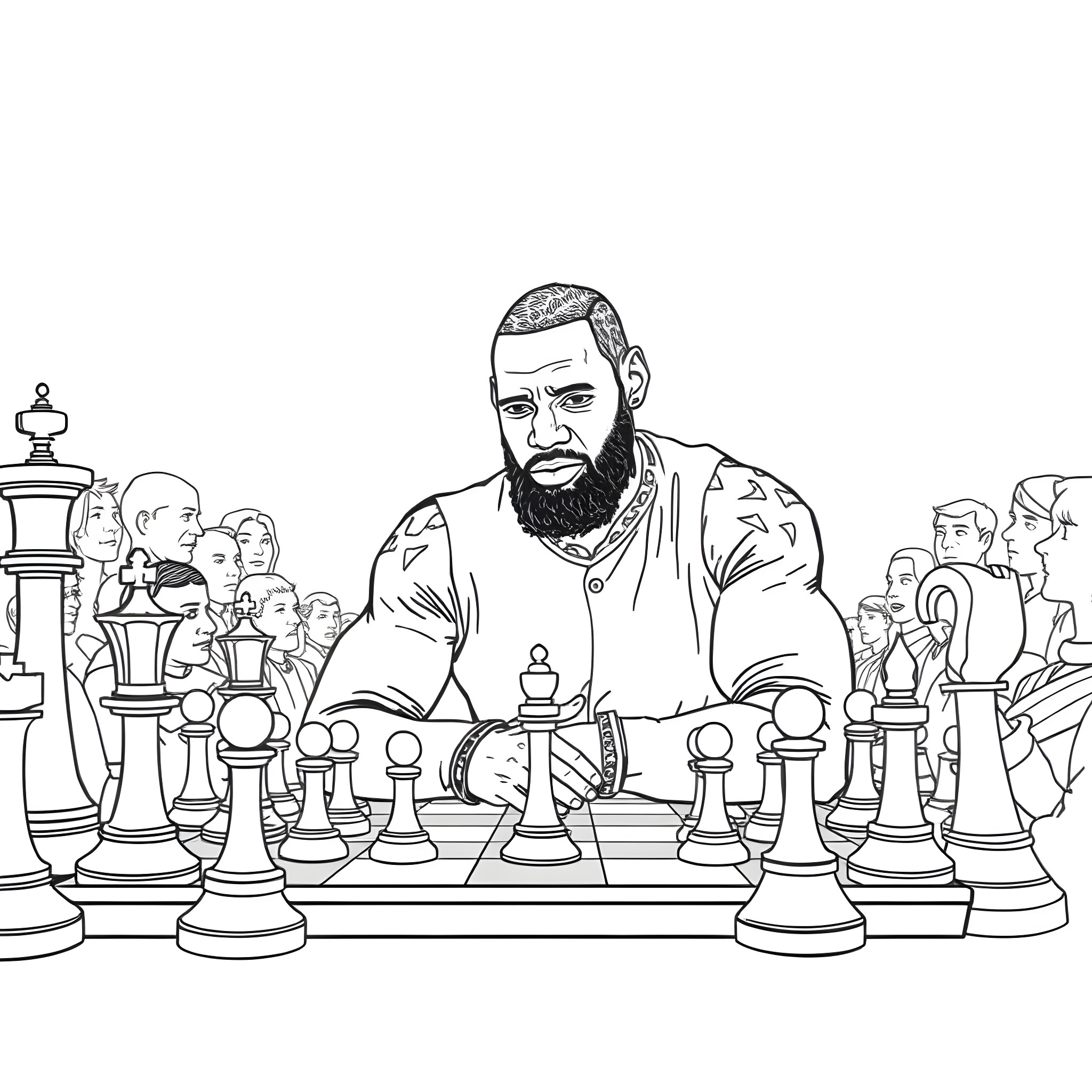 LeBron James engrossed in a game of chess Coloring Page (free black-and-white line drawing printable PDF for all, from beginners to advanced learners, including children, teens, adults, and seniors)
