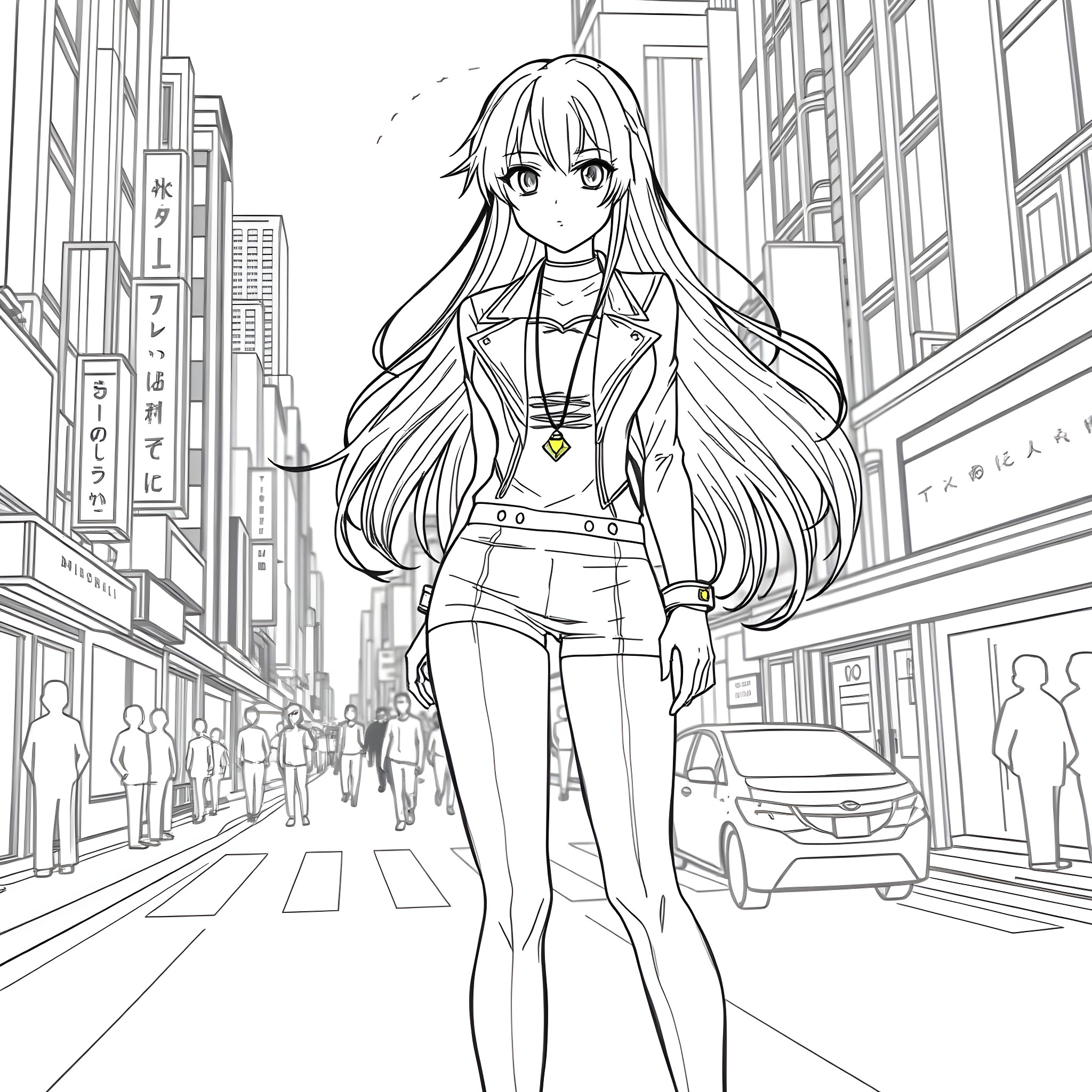 Tohsaka Rin exploring the city streets Coloring Page (free black-and-white line drawing printable PDF for all, from beginners to advanced learners, including children, teens, adults, and seniors)