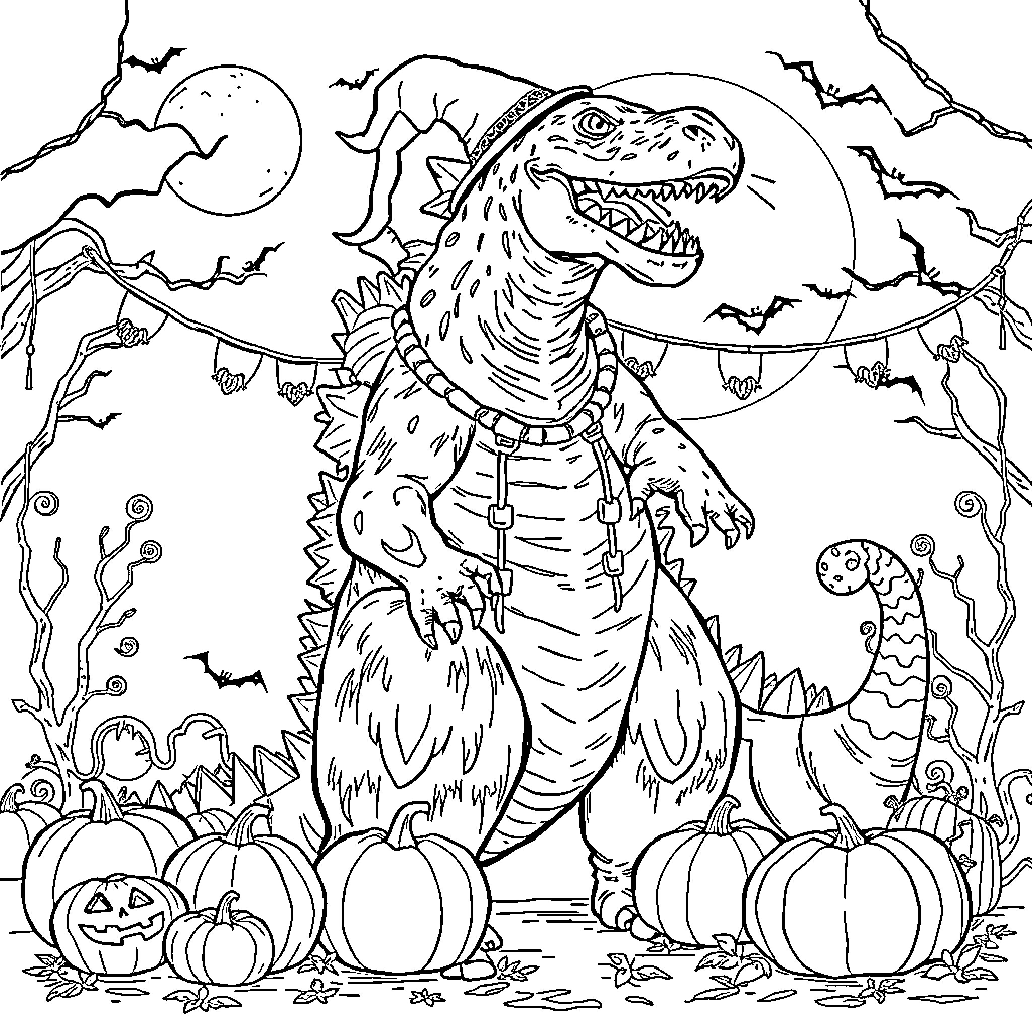 Godzilla terrorizing a spooky Halloween scene Coloring Page (free black-and-white line drawing printable PDF for all, from beginners to advanced learners, including children, teens, adults, and seniors)