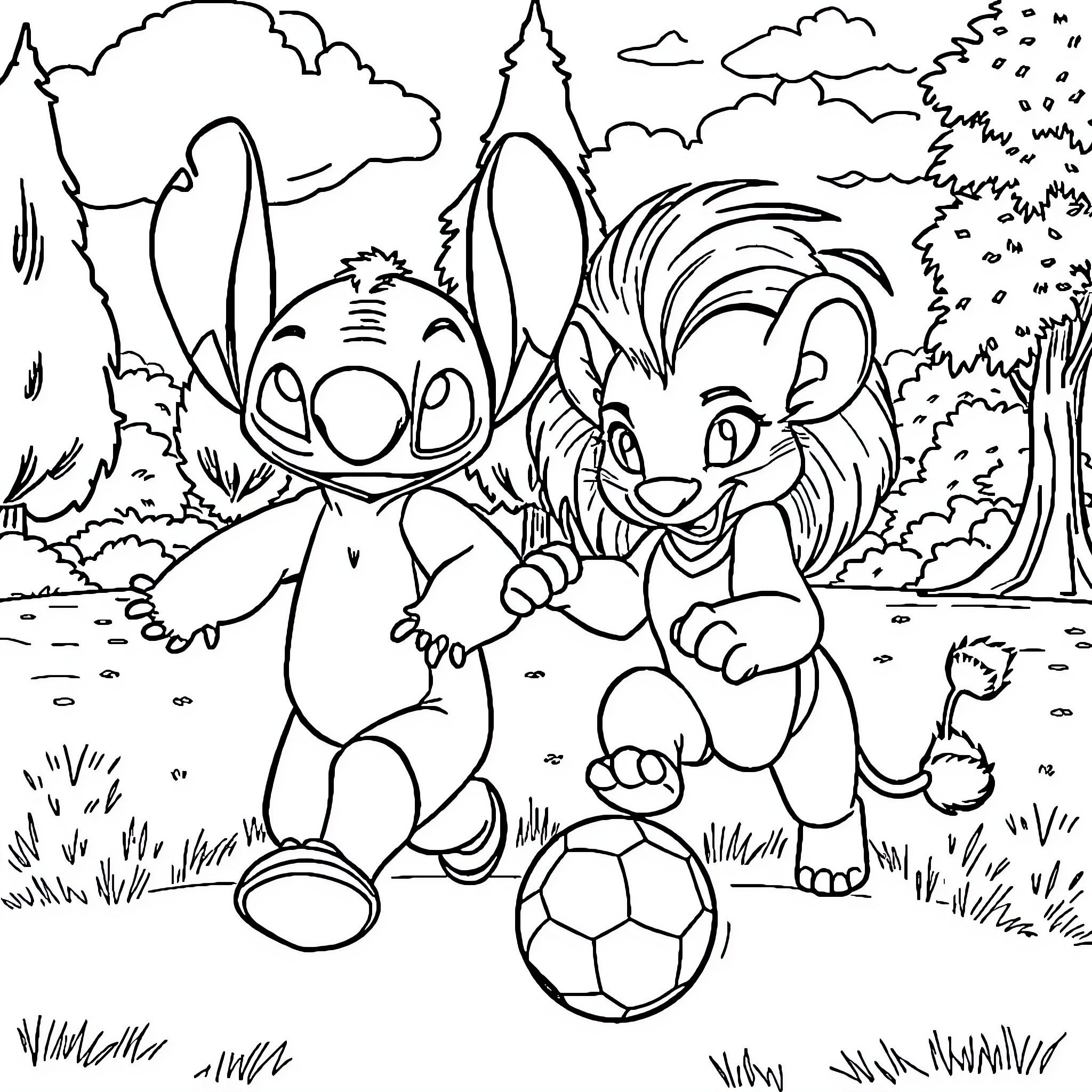 Stitch and Simba playing together in the park Coloring Page (free black-and-white line drawing printable PDF for all, from beginners to advanced learners, including children, teens, adults, and seniors)