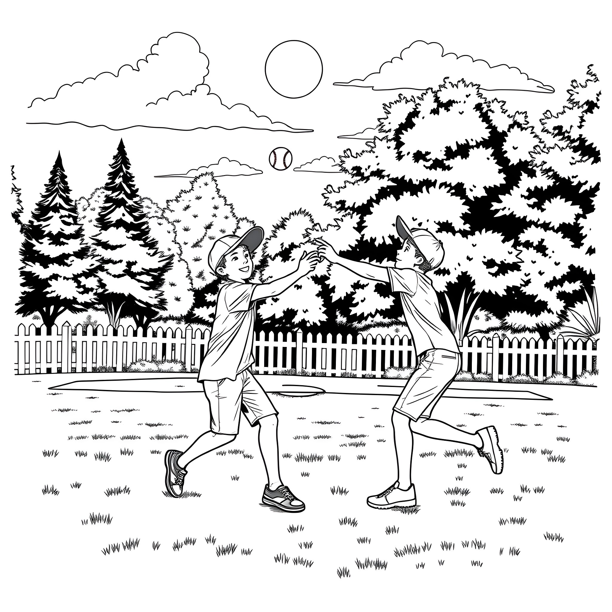 Teen Boys Playing Ball in the Backyard Coloring Page (free black-and-white line drawing printable PDF for all, from beginners to advanced learners, including children, teens, adults, and seniors)