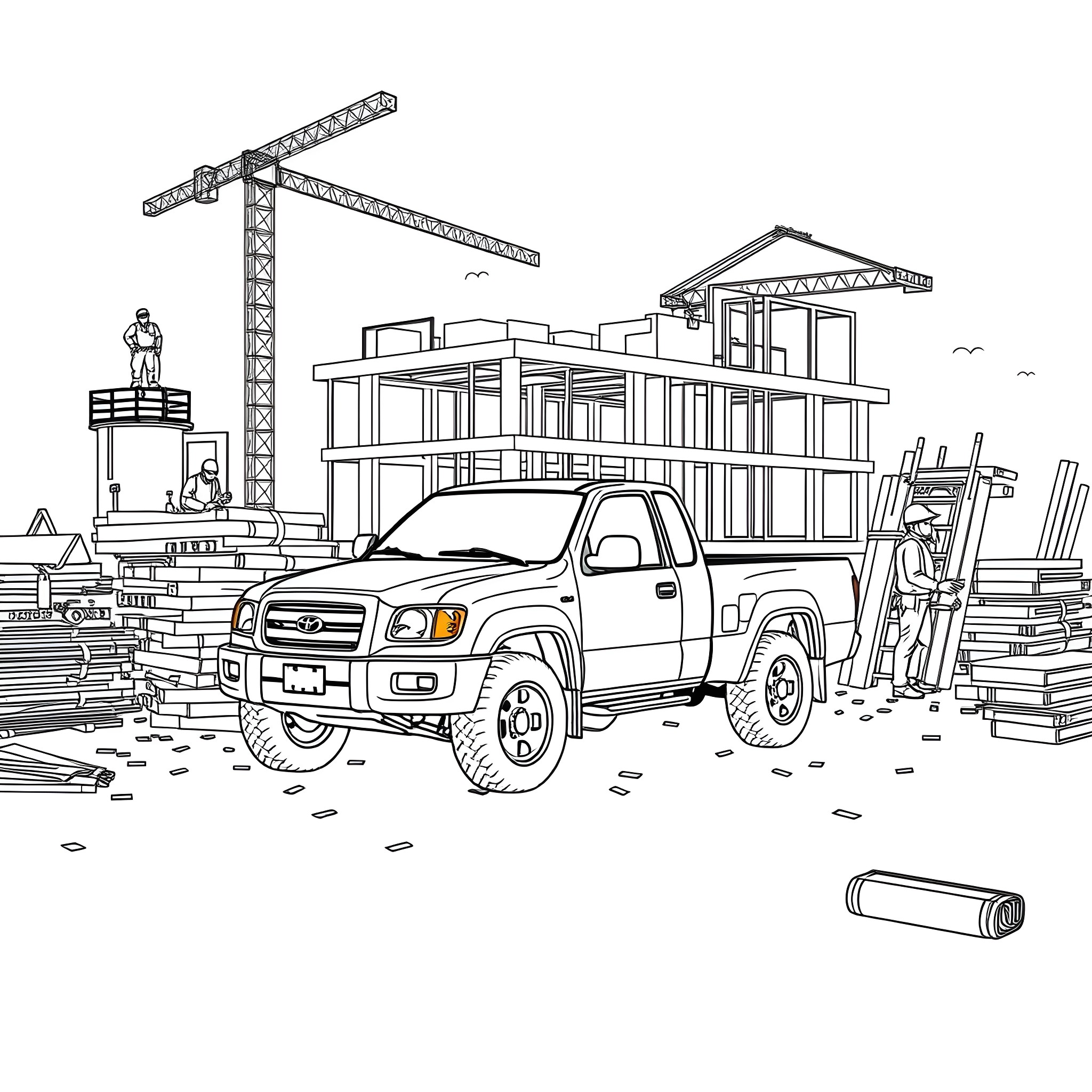 Pickup truck and construction site Coloring Page (free black-and-white line drawing printable PDF for all, from beginners to advanced learners, including children, teens, adults, and seniors)