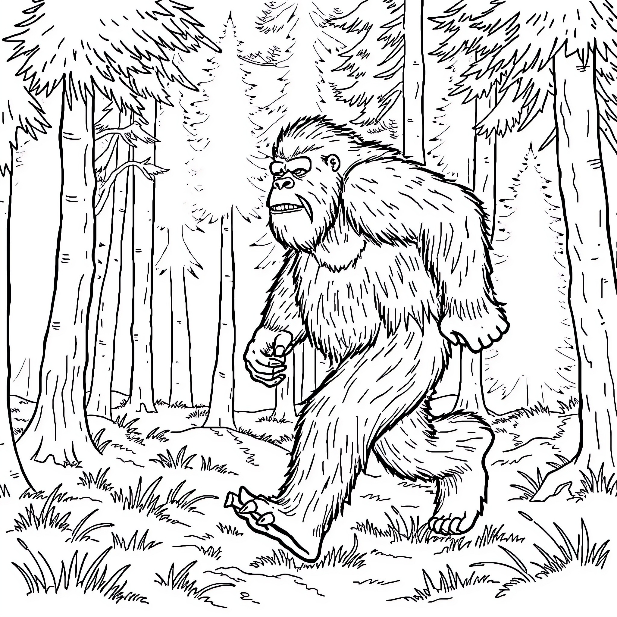 Bigfoot stomping through the mysterious forest Coloring Page (free black-and-white line drawing printable PDF for all, from beginners to advanced learners, including children, teens, adults, and seniors)