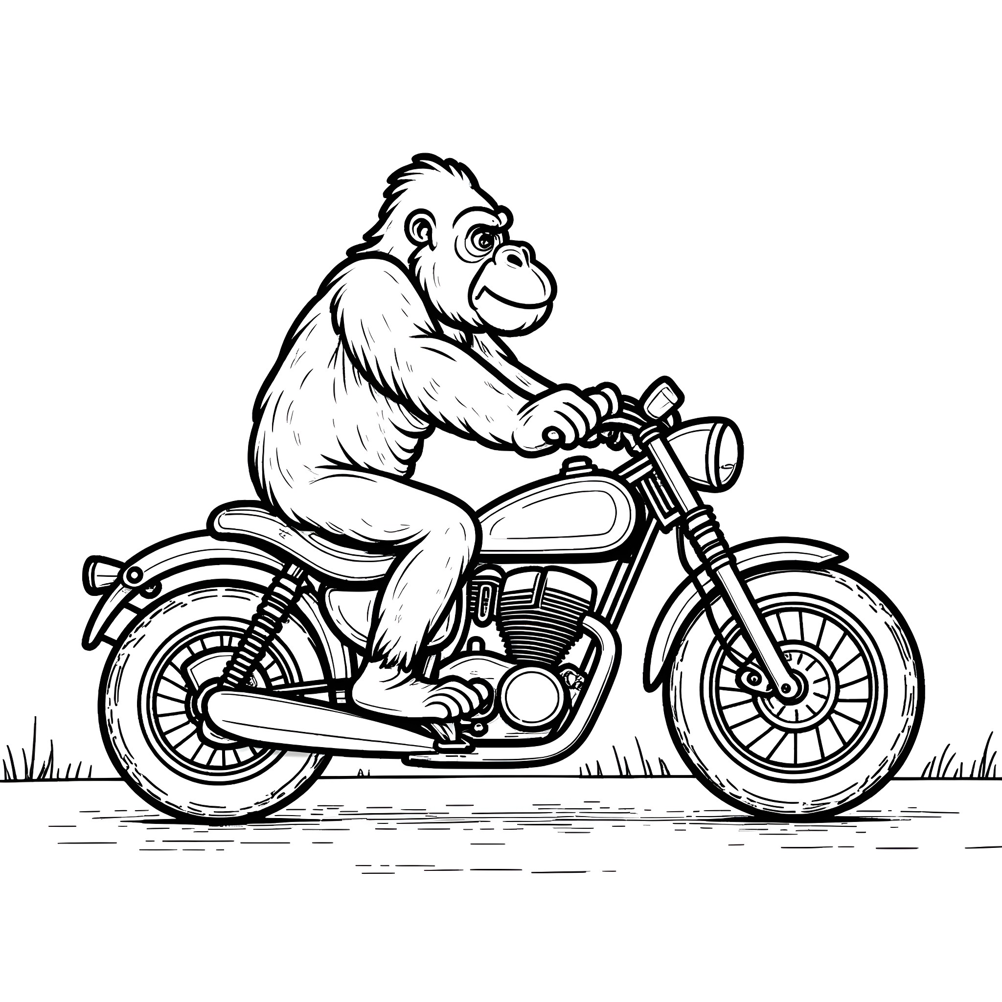 Gorilla riding a motorcycle with excitement Coloring Page (free black-and-white line drawing printable PDF for all, from beginners to advanced learners, including children, teens, adults, and seniors)