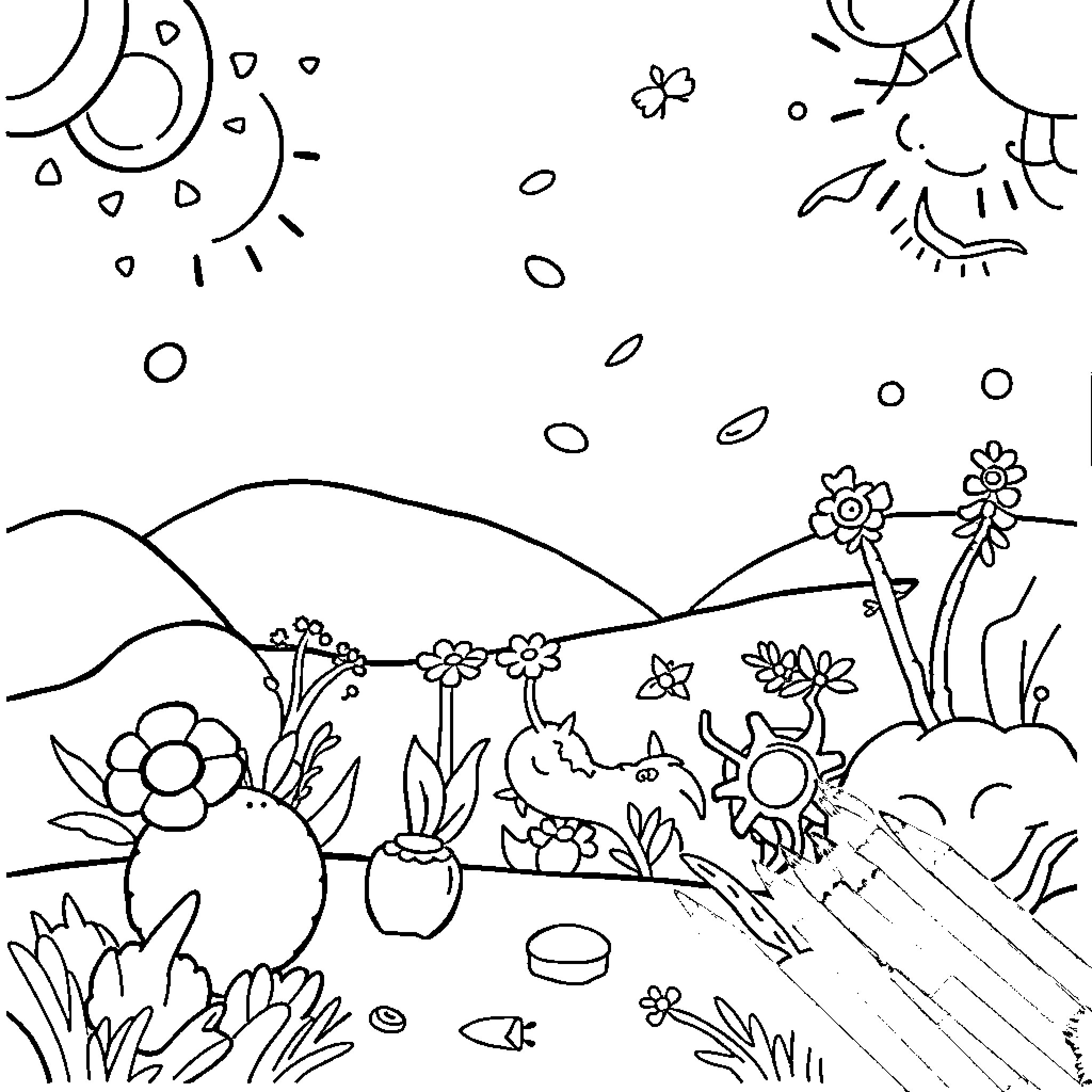 Kids exploring a nature scene with flowers and animals Coloring Page (free black-and-white line drawing printable PDF for all, from beginners to advanced learners, including children, teens, adults, and seniors)