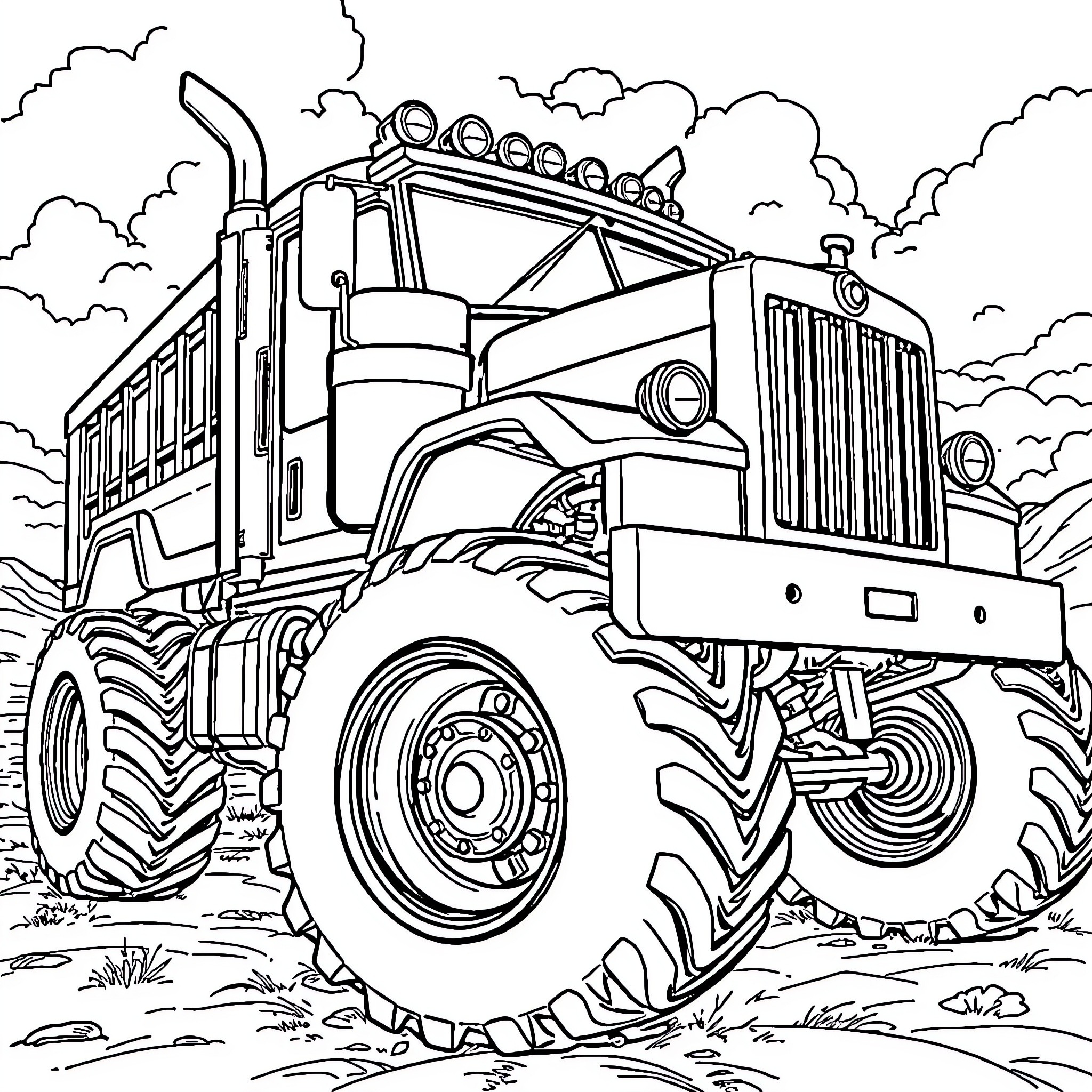 Truck Transporting Goods through Rugged Terrain Coloring Page (free black-and-white line drawing printable PDF for all, from beginners to advanced learners, including children, teens, adults, and seniors)