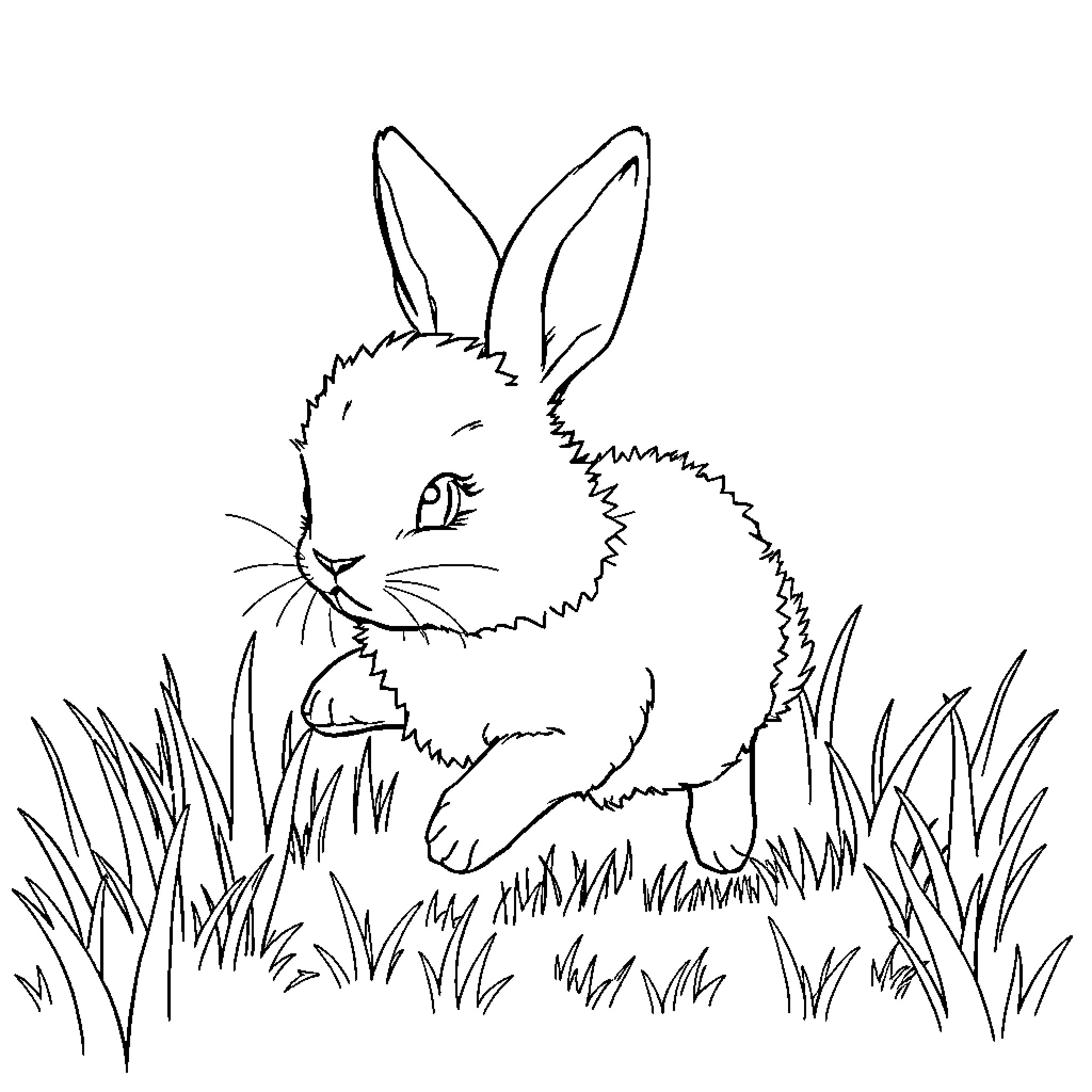 Bunny nestled in the grassy meadow Coloring Page (free black-and-white line drawing printable PDF for all, from beginners to advanced learners, including children, teens, adults, and seniors)