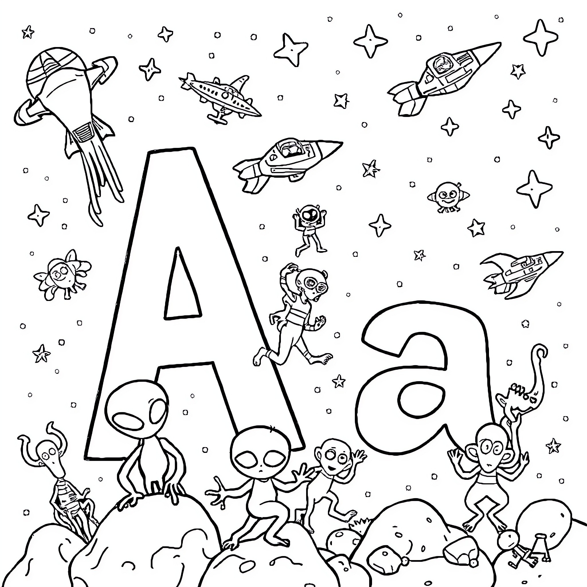 Letter A with Cartoon Aliens and Spaceships Coloring Page (free black-and-white line drawing printable PDF for all, from beginners to advanced learners, including children, teens, adults, and seniors)