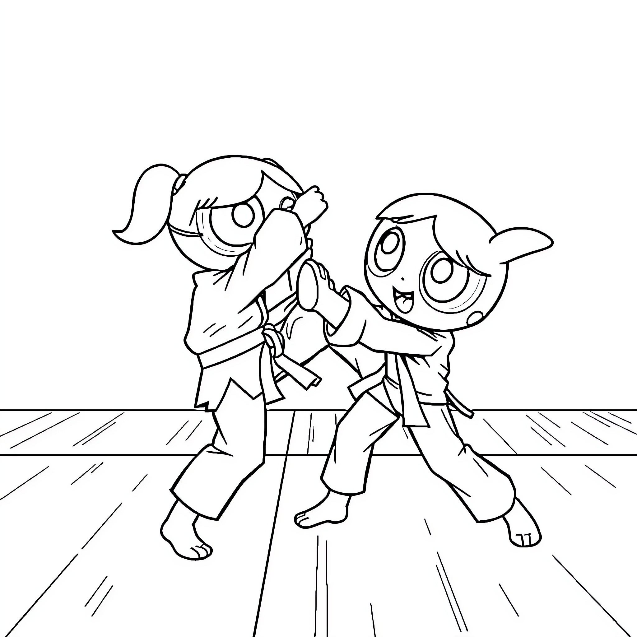 Power Puff Girls in a Playful Dance Coloring Page (free black-and-white line drawing printable PDF for all, from beginners to advanced learners, including children, teens, adults, and seniors)