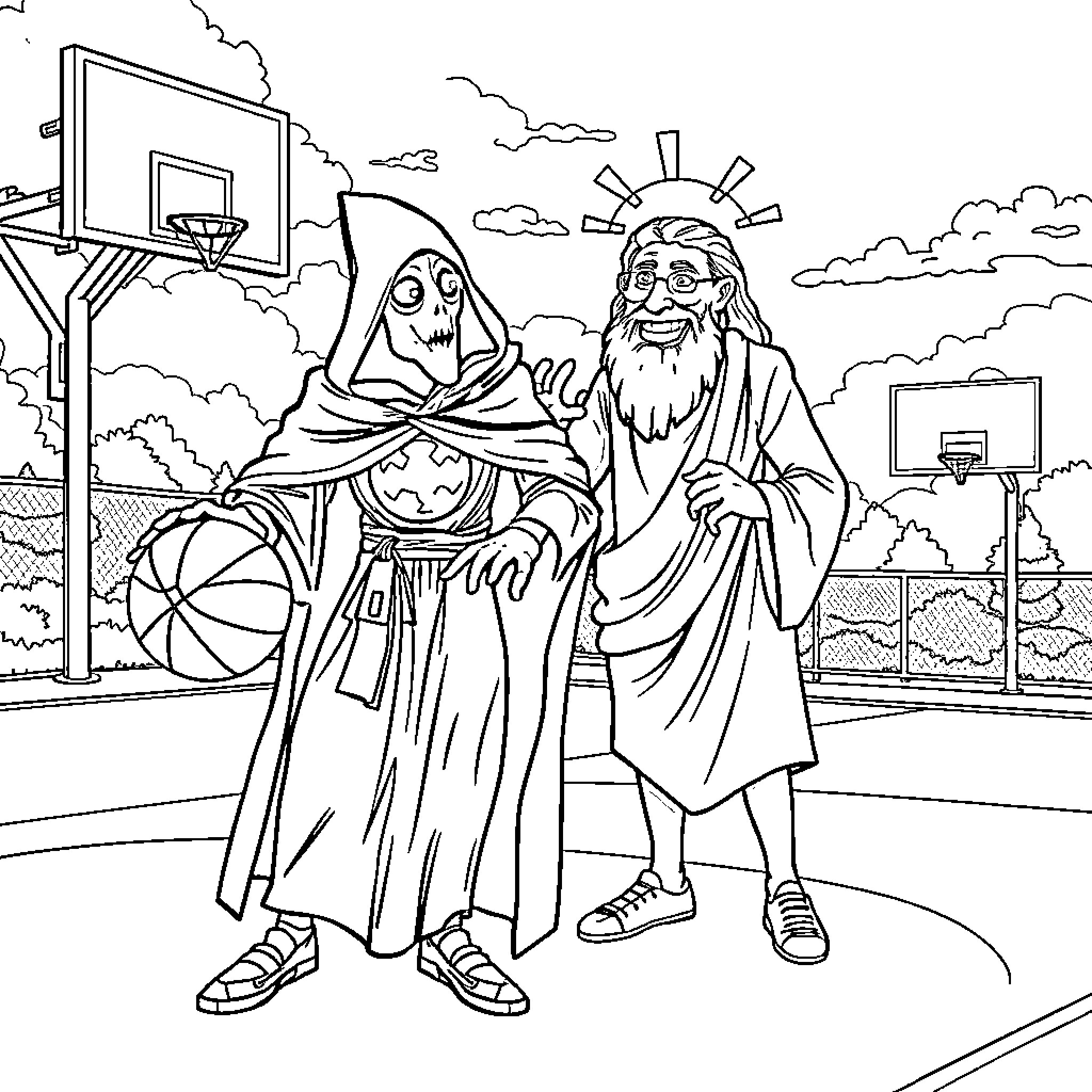 Doctor Assists Patient on Basketball Court Coloring Page (free black-and-white line drawing printable PDF for all, from beginners to advanced learners, including children, teens, adults, and seniors)