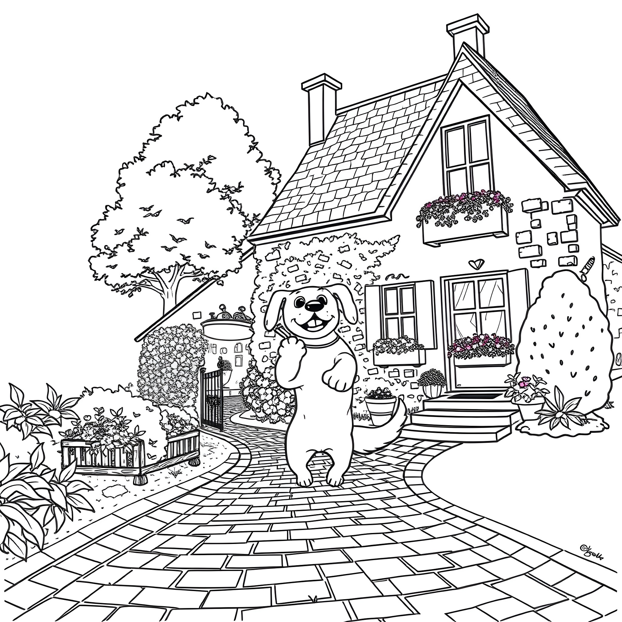 Dog playing happily in front of cozy cottage Coloring Page (free black-and-white line drawing printable PDF for all, from beginners to advanced learners, including children, teens, adults, and seniors)