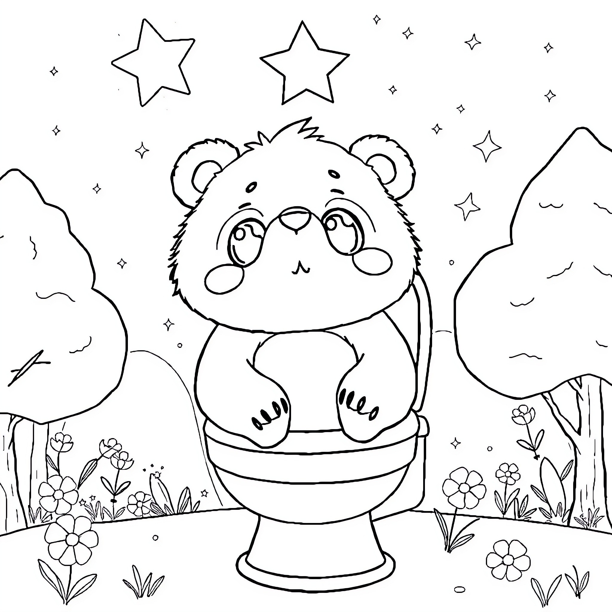 Bear sitting happily in the starry meadow Coloring Page (free black-and-white line drawing printable PDF for all, from beginners to advanced learners, including children, teens, adults, and seniors)
