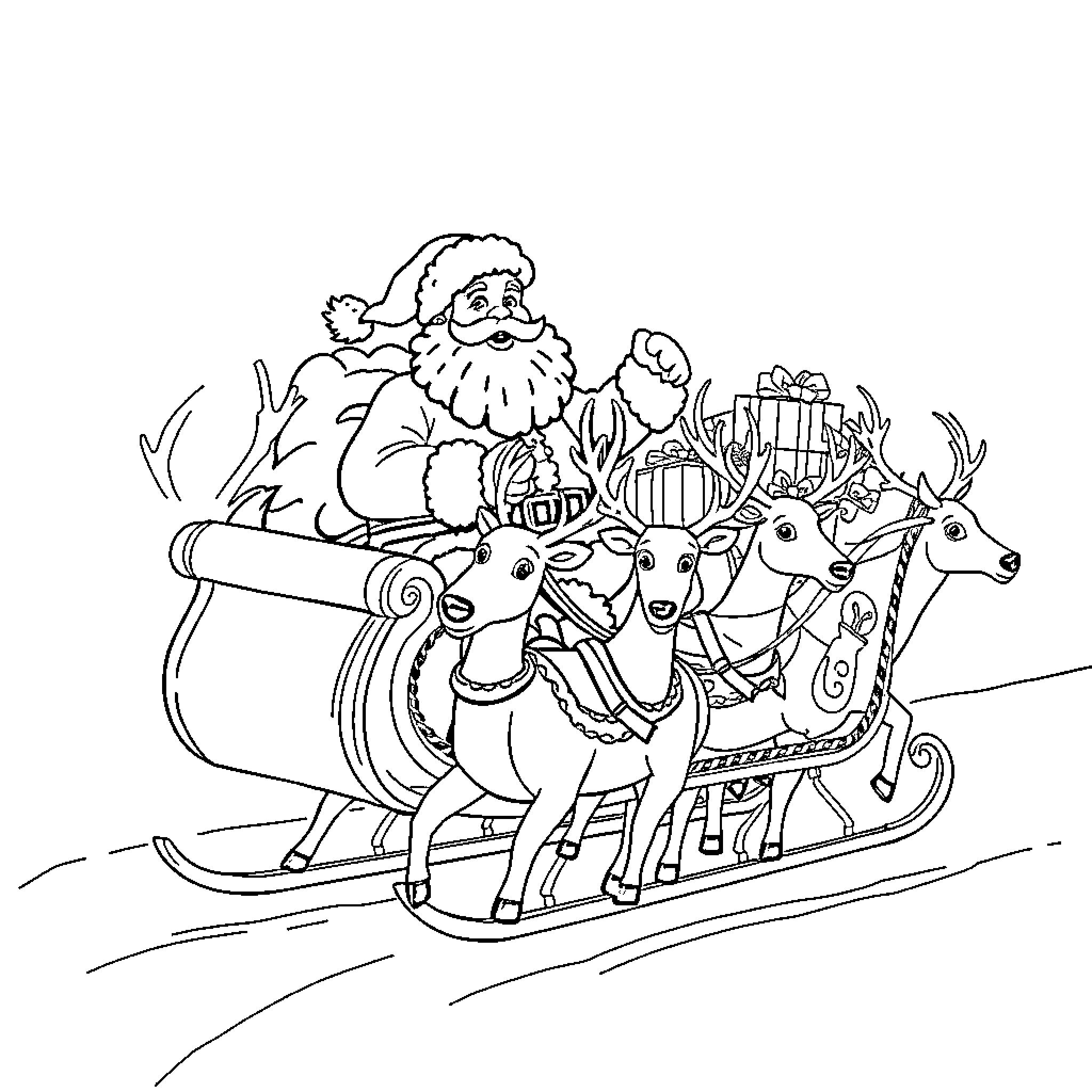Santa Claus riding a sleigh with reindeer and gifts Coloring Page (free black-and-white line drawing printable PDF for all, from beginners to advanced learners, including children, teens, adults, and seniors)