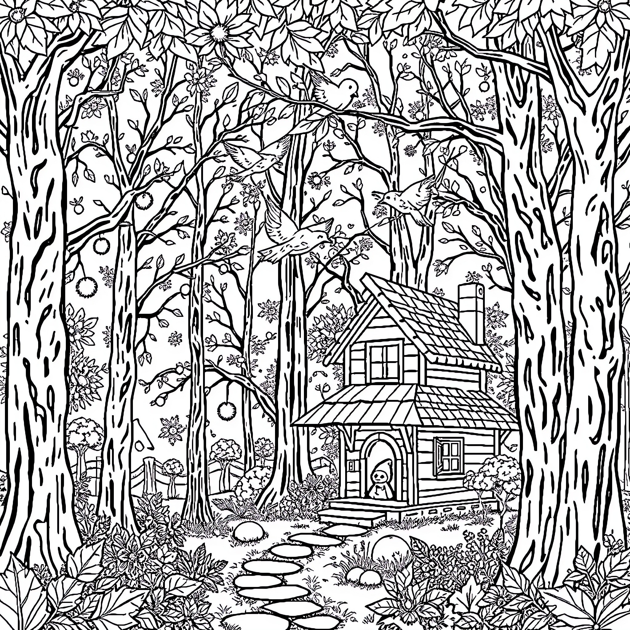 Fairy Cottage in Enchanted Forest Coloring Page (free black-and-white line drawing printable PDF for all, from beginners to advanced learners, including children, teens, adults, and seniors)