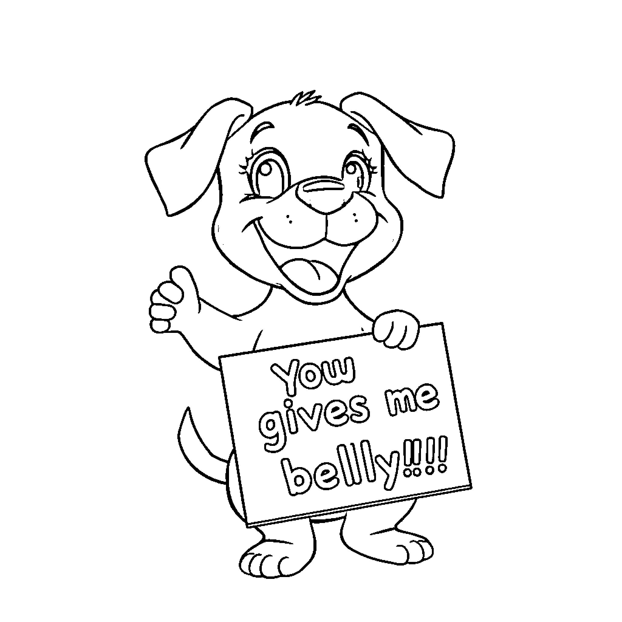 Bluey the Cheerful Pup Holding a Funny Sign Coloring Page (free black-and-white line drawing printable PDF for all, from beginners to advanced learners, including children, teens, adults, and seniors)