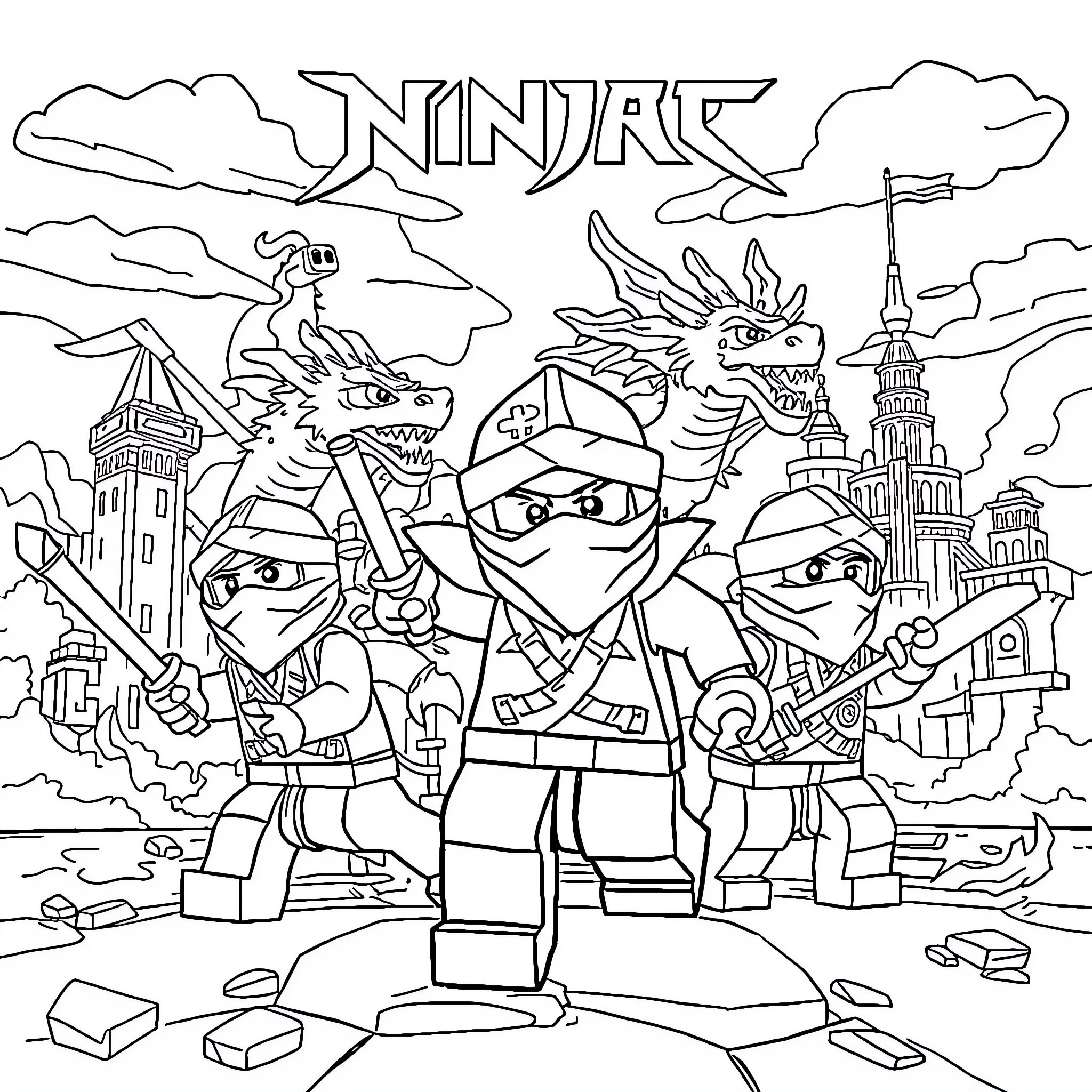 Ninjago heroes in action in a fantastical landscape Coloring Page (free black-and-white line drawing printable PDF for all, from beginners to advanced learners, including children, teens, adults, and seniors)